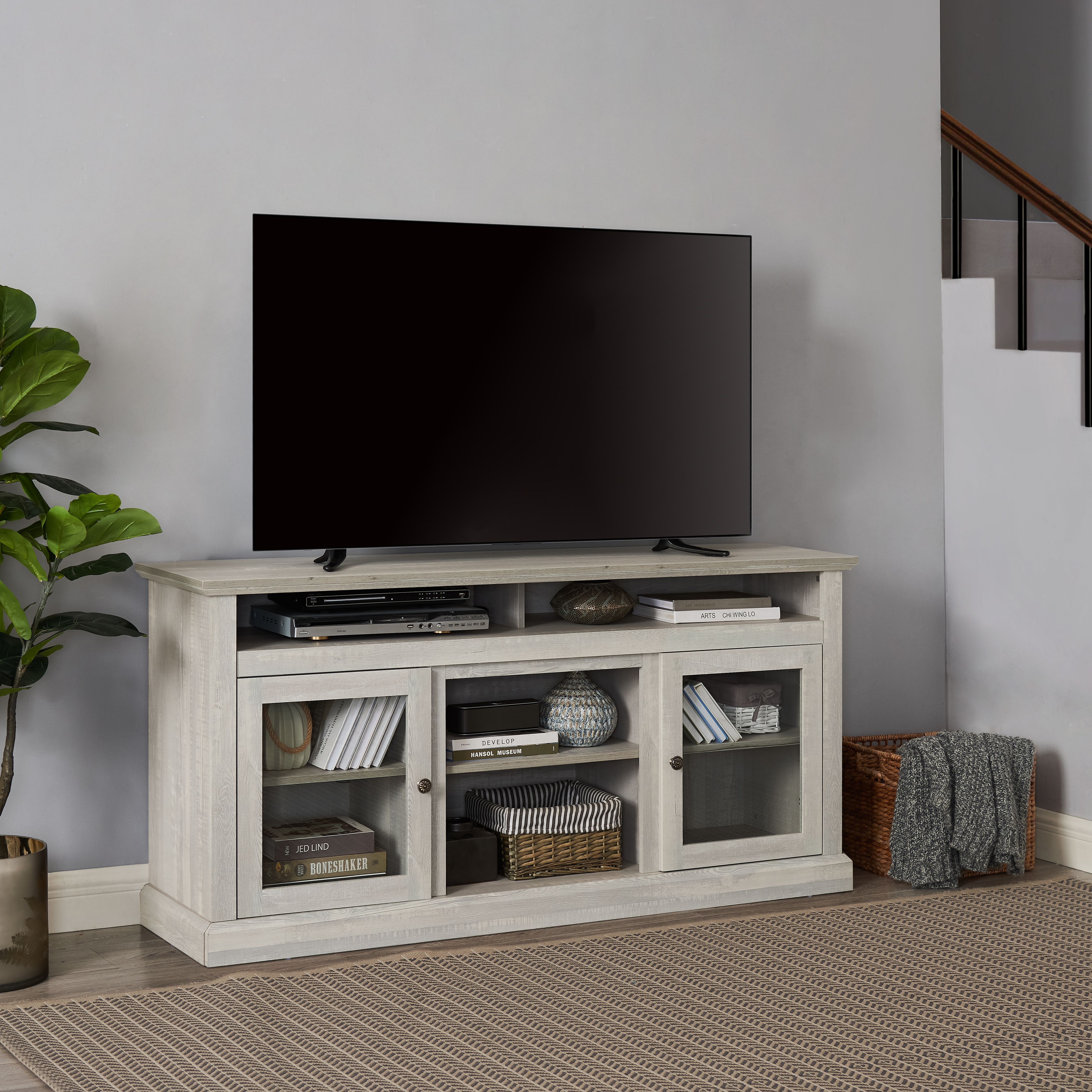 Contemporary TV Media Stand Modern Entertainment Console For TV Up To 65  With Open And Closed Storage Space, Stone Gray, 60 Wx15.75 Dx29 H