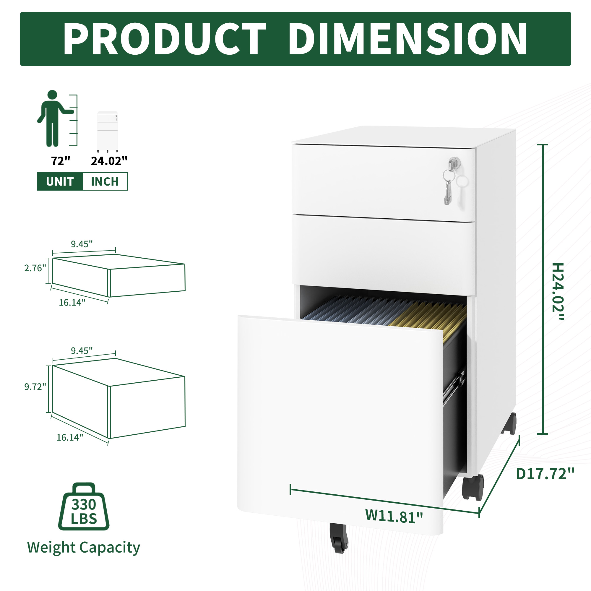 3-Drawer Mobile File Cabinet With Lock, All-Steel Metal Storage On Wheels, Two Shallow & One Deep Drawer For Office Home, Fully Assembled, White, 110lbs Drawer, Anti-Tip Design