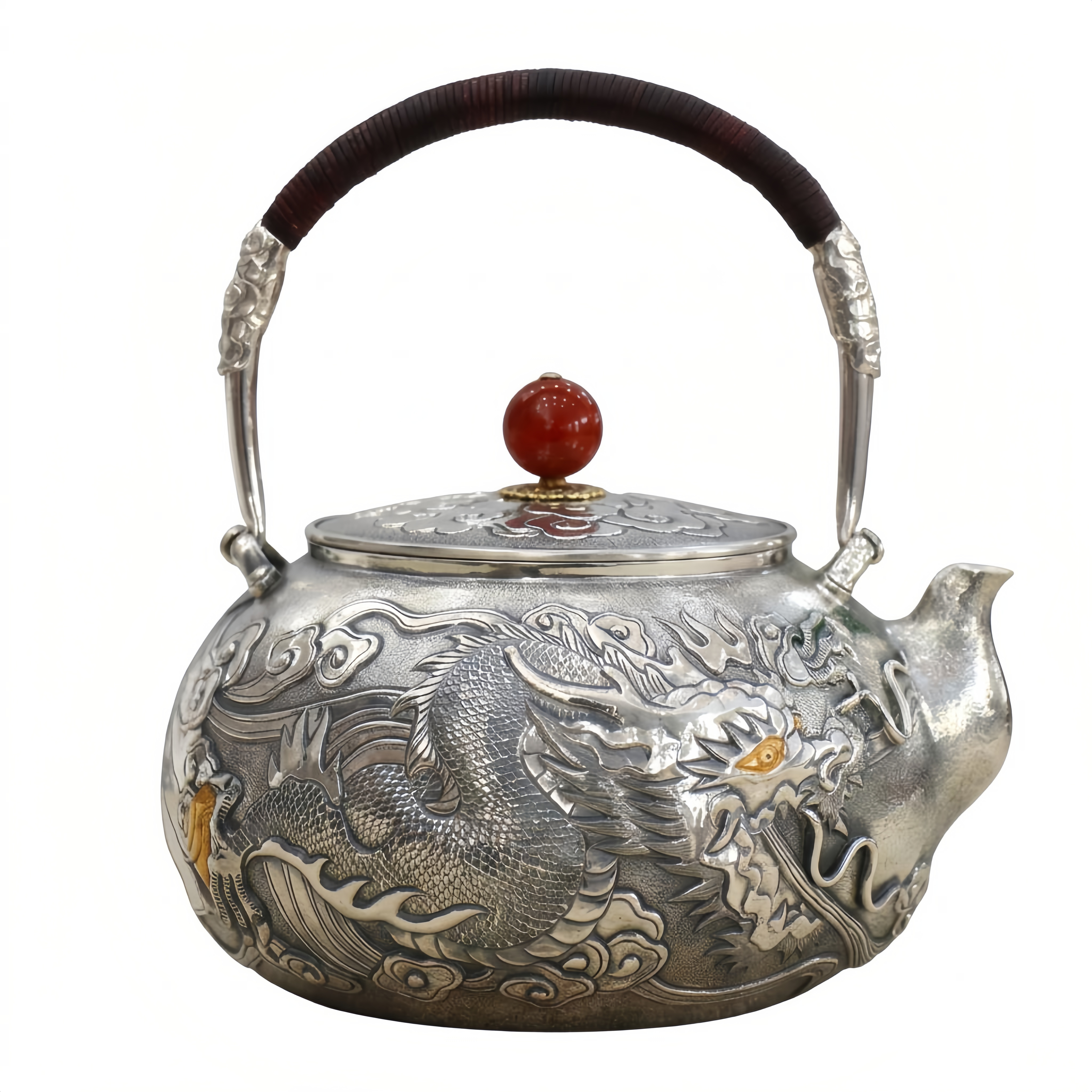 Pure 999 Fine Silver **Title:** Artisanal  Dragon Teapot with Wooden Handle and Gemstone Accent-Fine large teapot - Handicraft