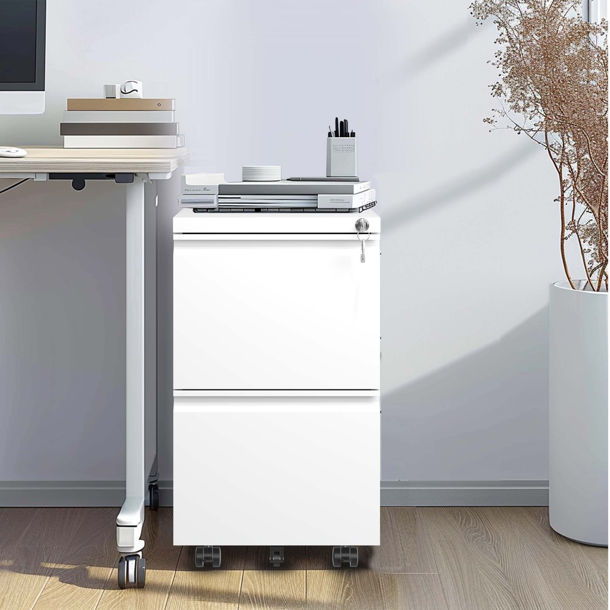 2 Drawer Metal  Mobile File Cabinet, Rolling File Cabinet With Lock For Hanging Legal Letter A4 Size,Fully Assembled Except Wheels detail