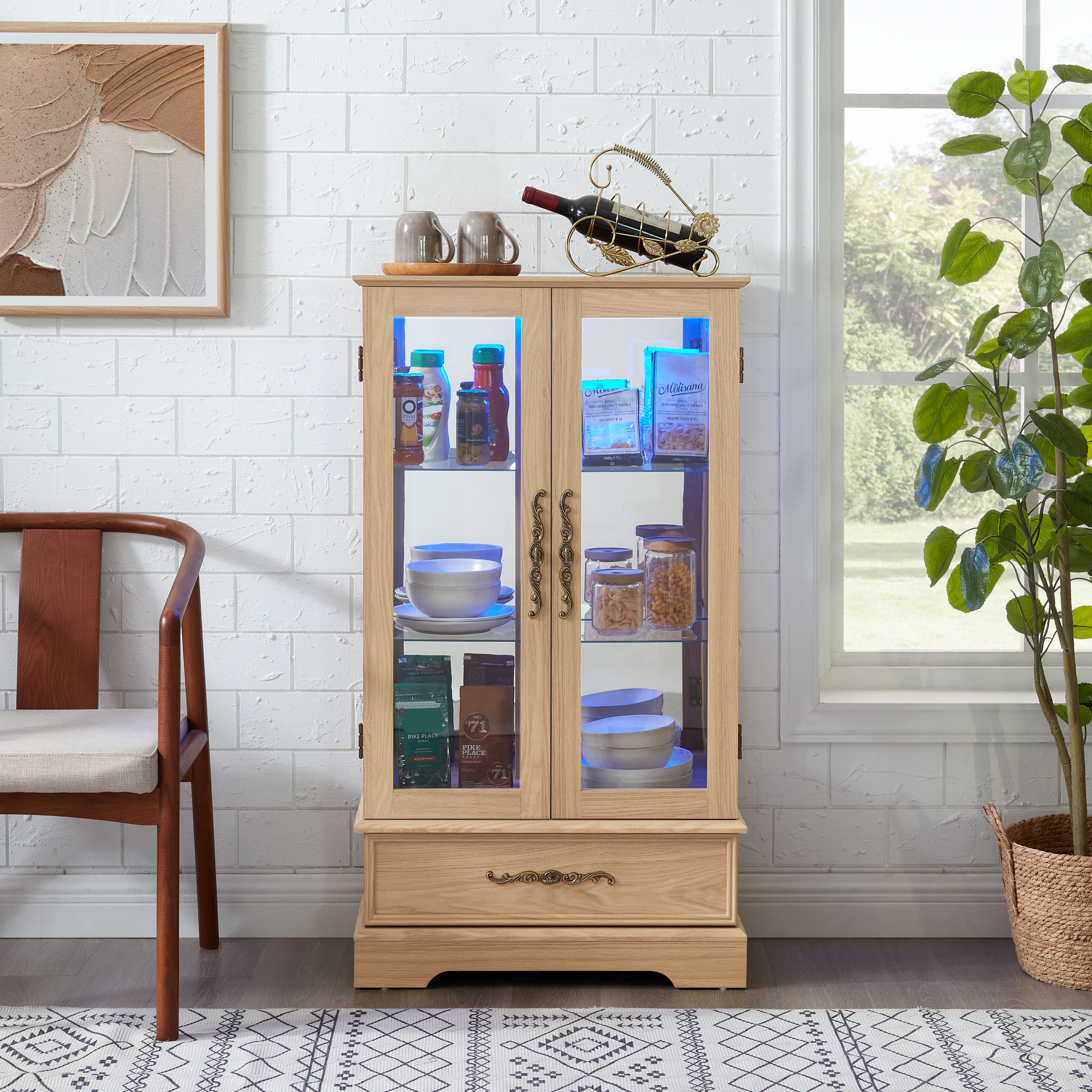 Lighted Glass Curio Display Cabinet With Adjustable Shelves - 2 Doors, 1 Drawer, LED Lights, Elegant Light Oak Finish