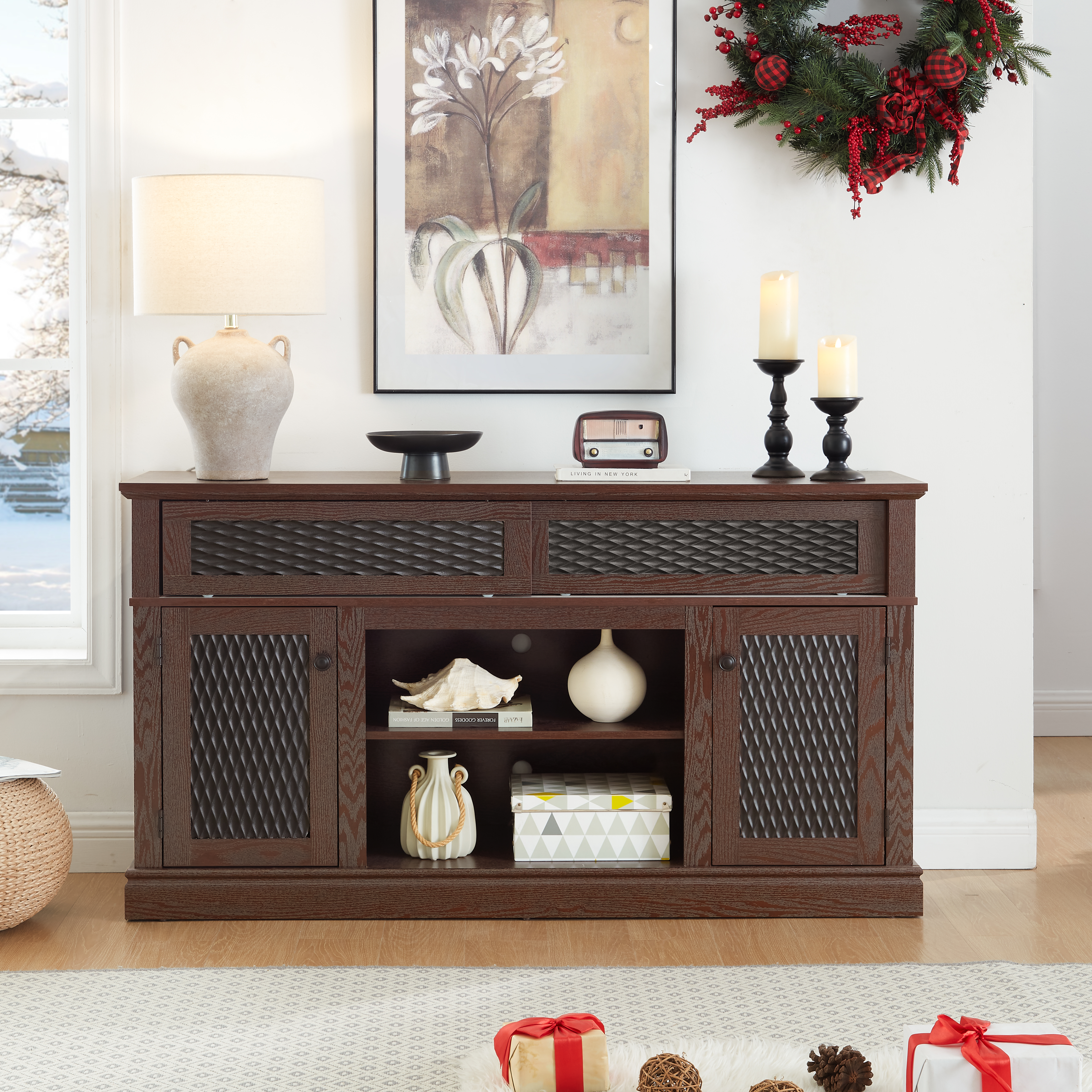 Embossed Pattern TV Stand, TV And Media Console With Open And Closed Storage Space And Sliding Door For Living Room & Bedroom, DARK CHERRY, 58.27 Wx15.35 Wx31.7H