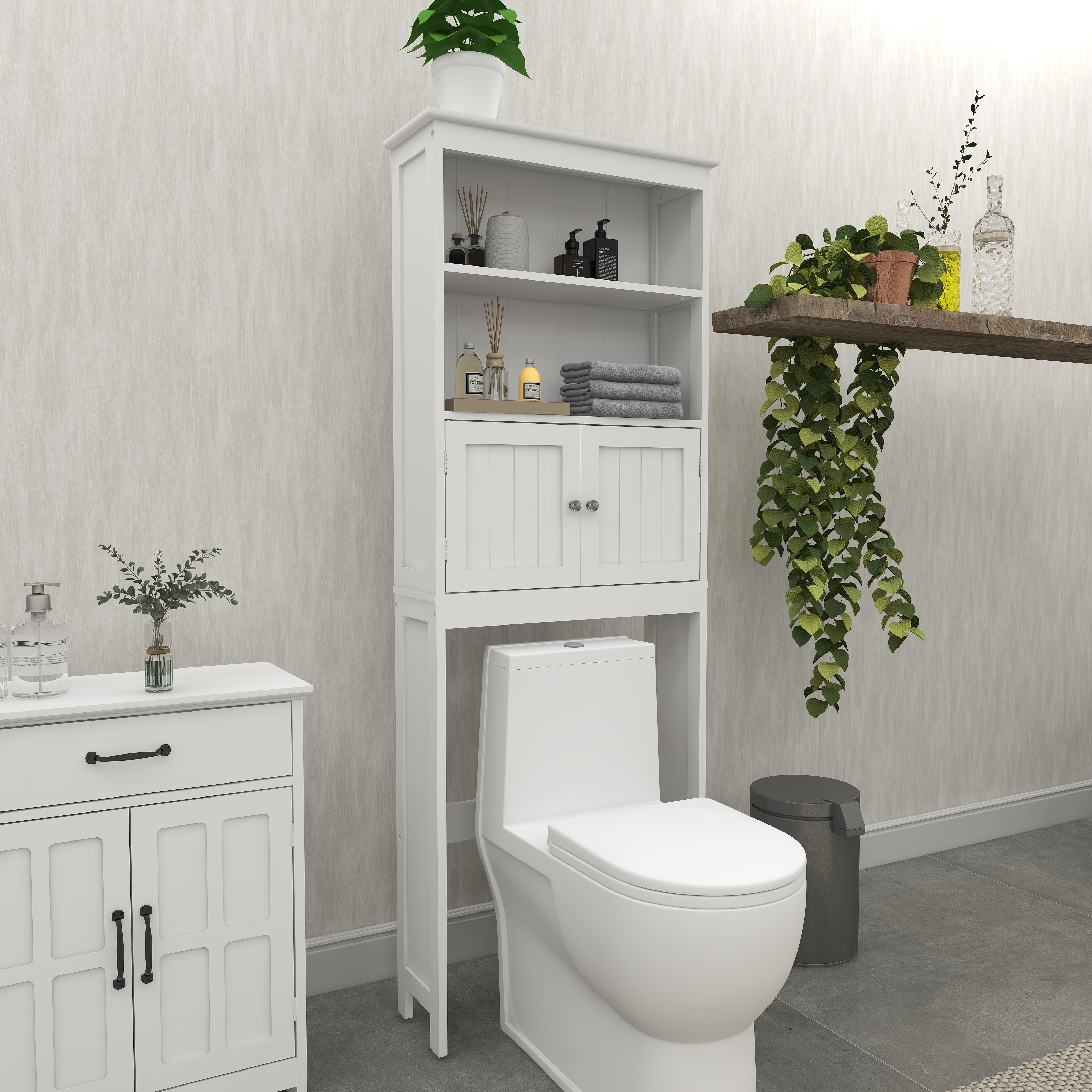 Over The Toilet Rack 2 -Tier Toilet Bathroom Spacesaver Storage Shelf With 2 Doors Wood Storage Organizer Cabinet For Bathroom Freestanding Shelf-White