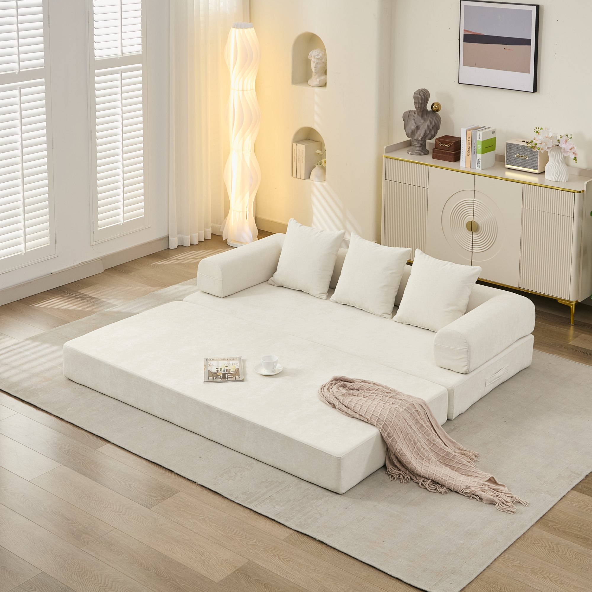 Comfy Convertible Folding Mattress Couch, Floor Sofa Bed, Chenille Floor Sofa With Armrest, Floor Sofa Lounge Couch For Living Room Bedroom Lounge Studio-Beige