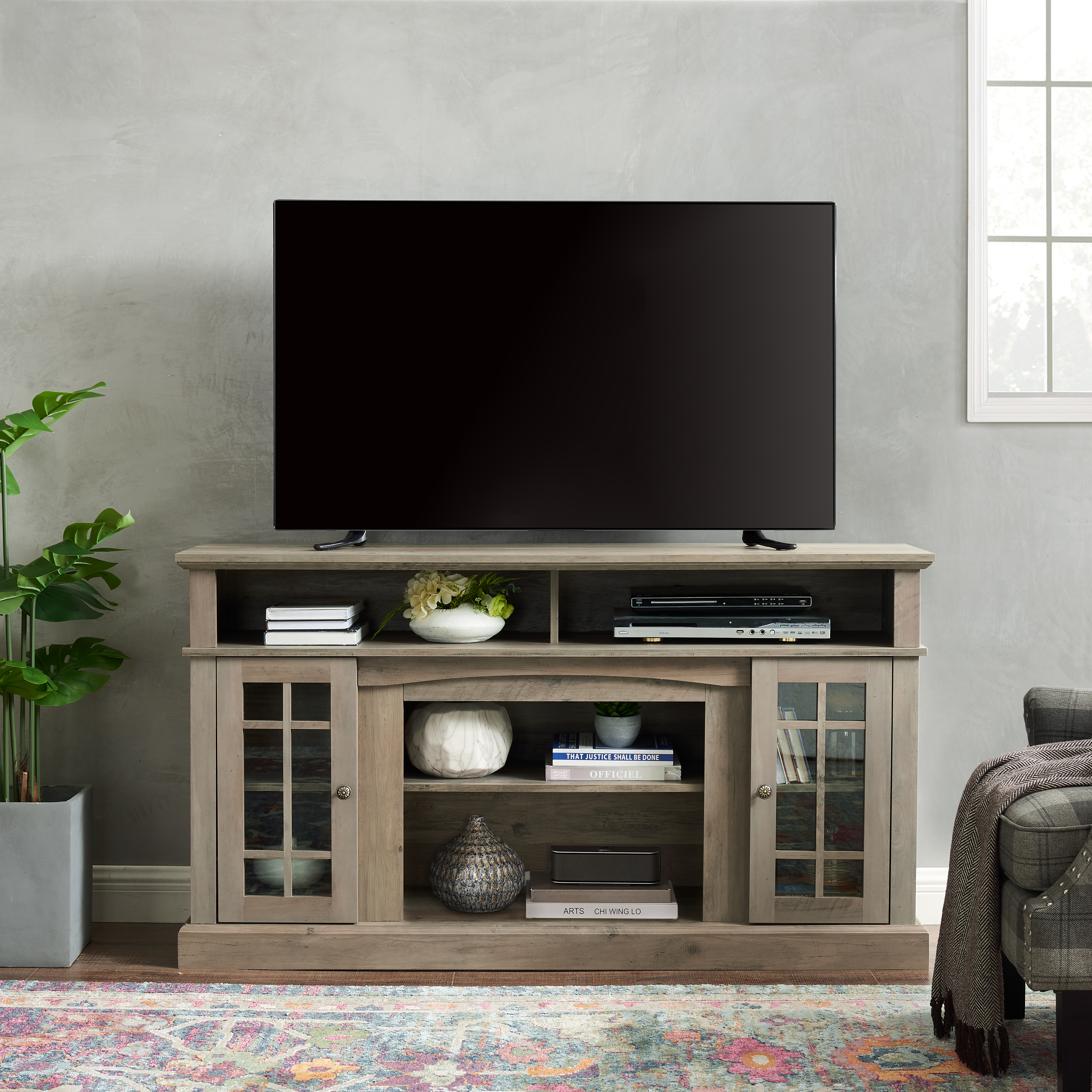 Classic TV Media Stand Modern Entertainment Console For TV Up To 65  With Open And Closed Storage Space, Gray Wash, 58.25 Wx15.75 Dx32 H