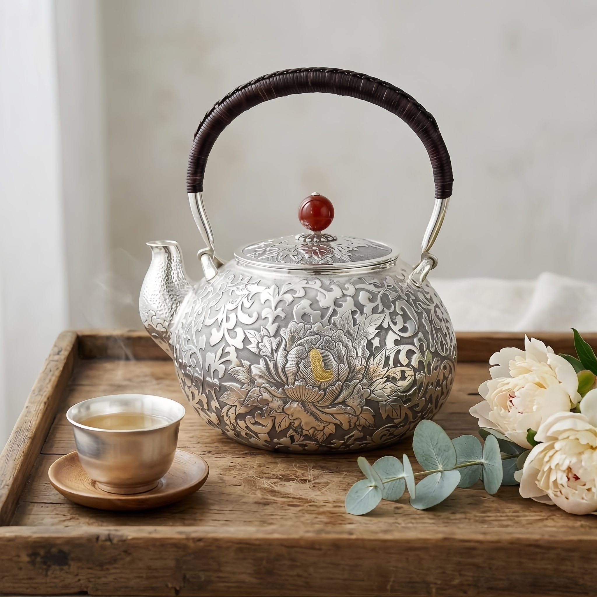 Pure 999 Fine Silver Exquisite Handcrafted Silver Teapot Featuring Intricate Floral Engravings and a Crimson Gemstone Lid Finial - Handicraft