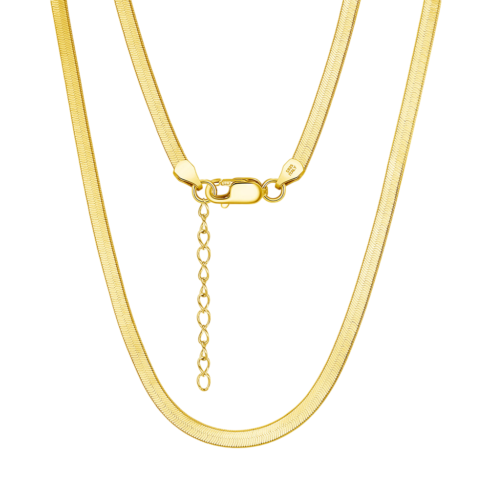 925 Sterling Silver Elegant Gold Herringbone Chain Necklace with Adjustable Extension