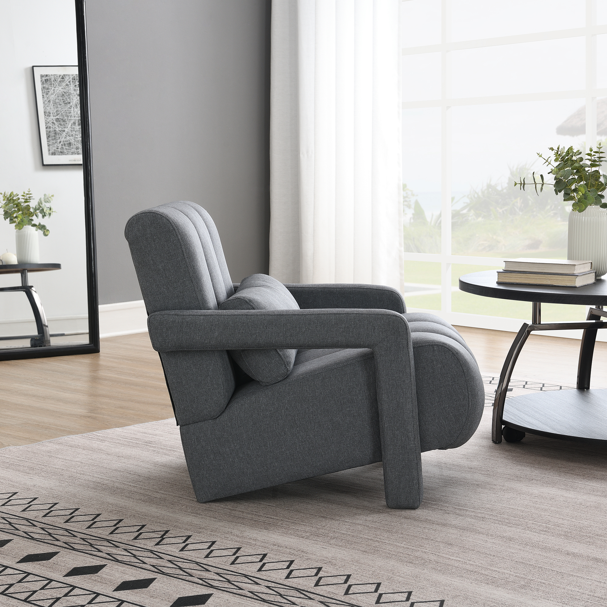 Modern Upholstered Accent Chair, Comfortable Linen Fabric With A Pillow For Living Room,bedroom.Linen, Dark Grey