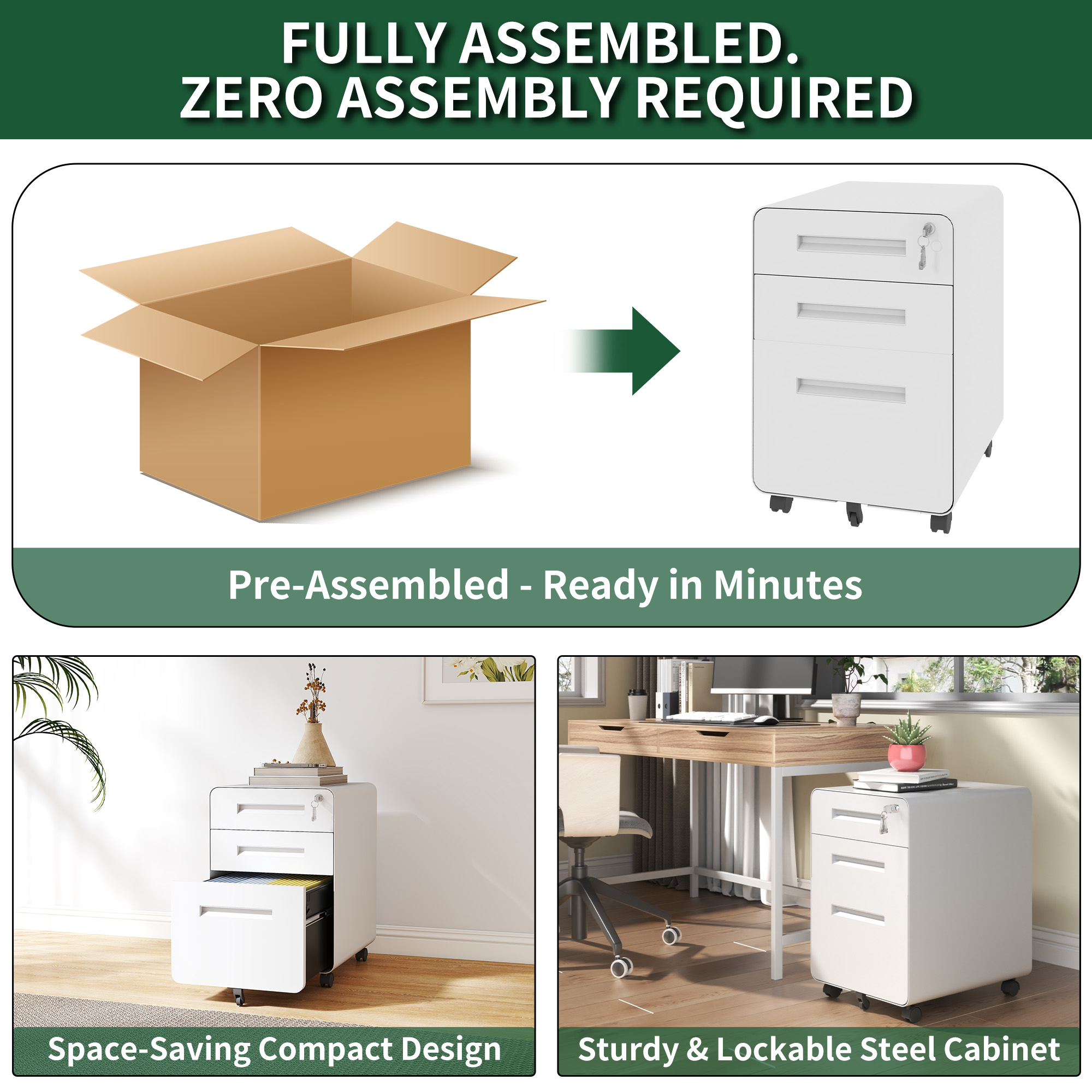 3-Drawer Wide Mobile File Cabinet With Lock, All-Steel Metal Storage Cabinet On Casters, For Home & Office,White, Fully Assembled, Holds A4 Letter Files, 110lbs Drawer detail
