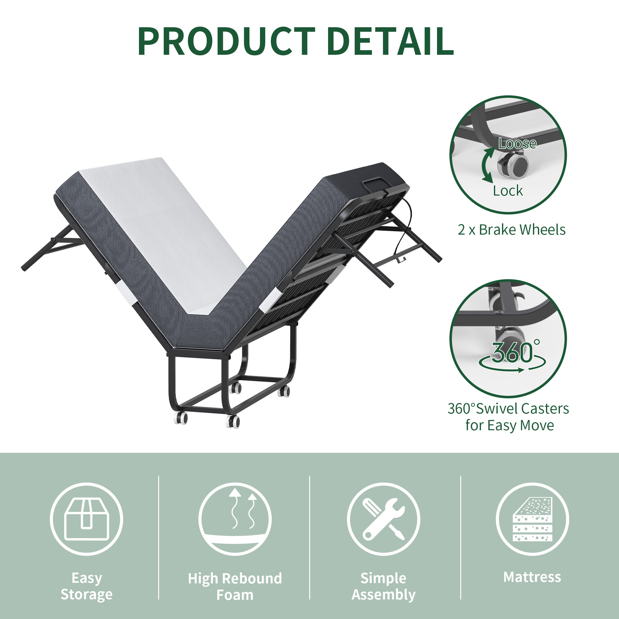 75  X 38  Inch Extra Long Folding Bed For Tall People, Heavy-Duty 450lbs Capacity Rollaway Guest Bed With 5  Memory Foam Mattress, Portable Space Saving Twin Size Bed