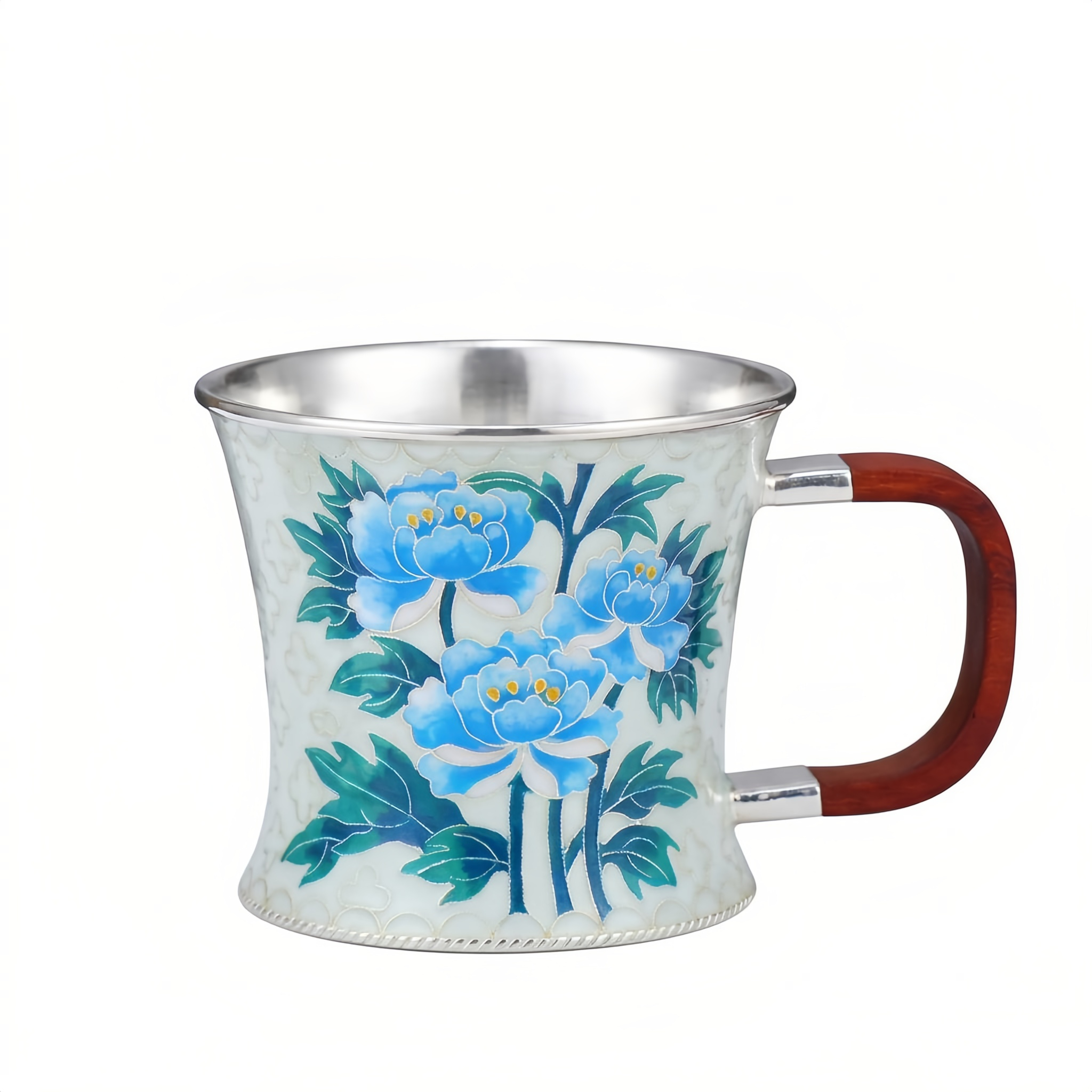 Pure 999 Fine Silver Elegant Silver-Lined Enamel Mug with Blue Peony Pattern and Rosewood Handle - Handicraft