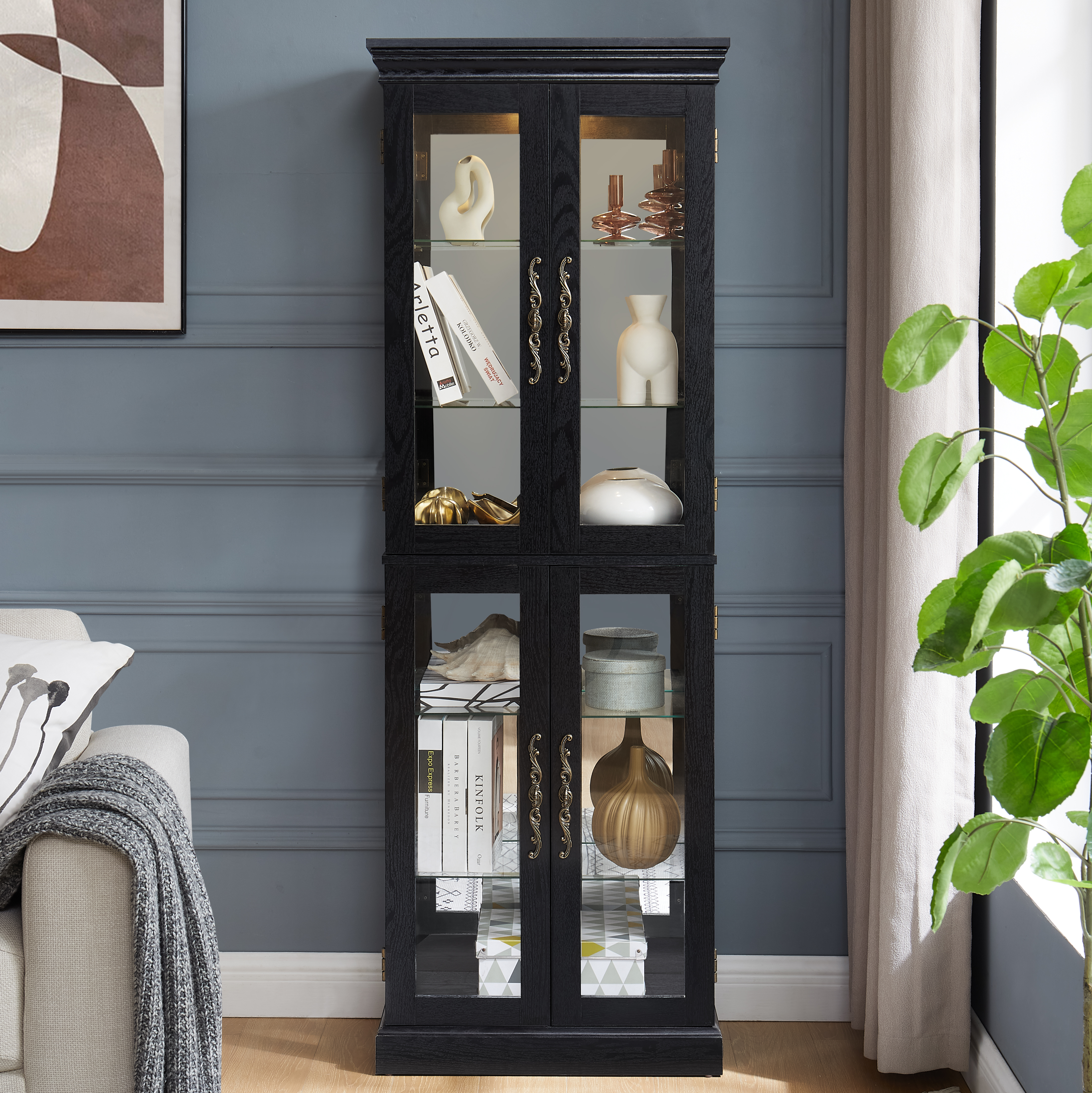 Elegant Lighted Glass Curio Display Cabinet - Wooden Frame Storage For Living Room, Kitchen & Pantry - Includes Light Bulb - Ideal For Wine, Toys & Collectibles - Black_maomaolike.com