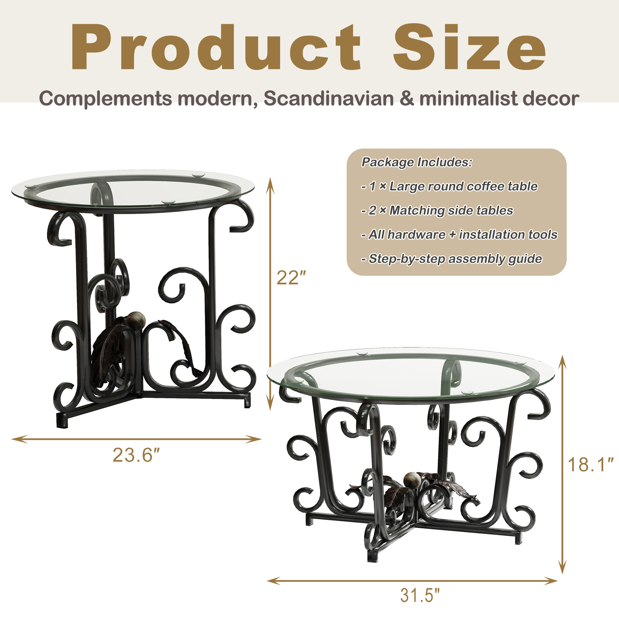 3-Piece Coffee Table Set, Tempered Glass Surface With Sturdy Metal Frame - Modern Living Room Sets  1 Coffee Table   2 End Tables , Scratch-Resistant & Easy To Clean For Small Spaces, Apartments