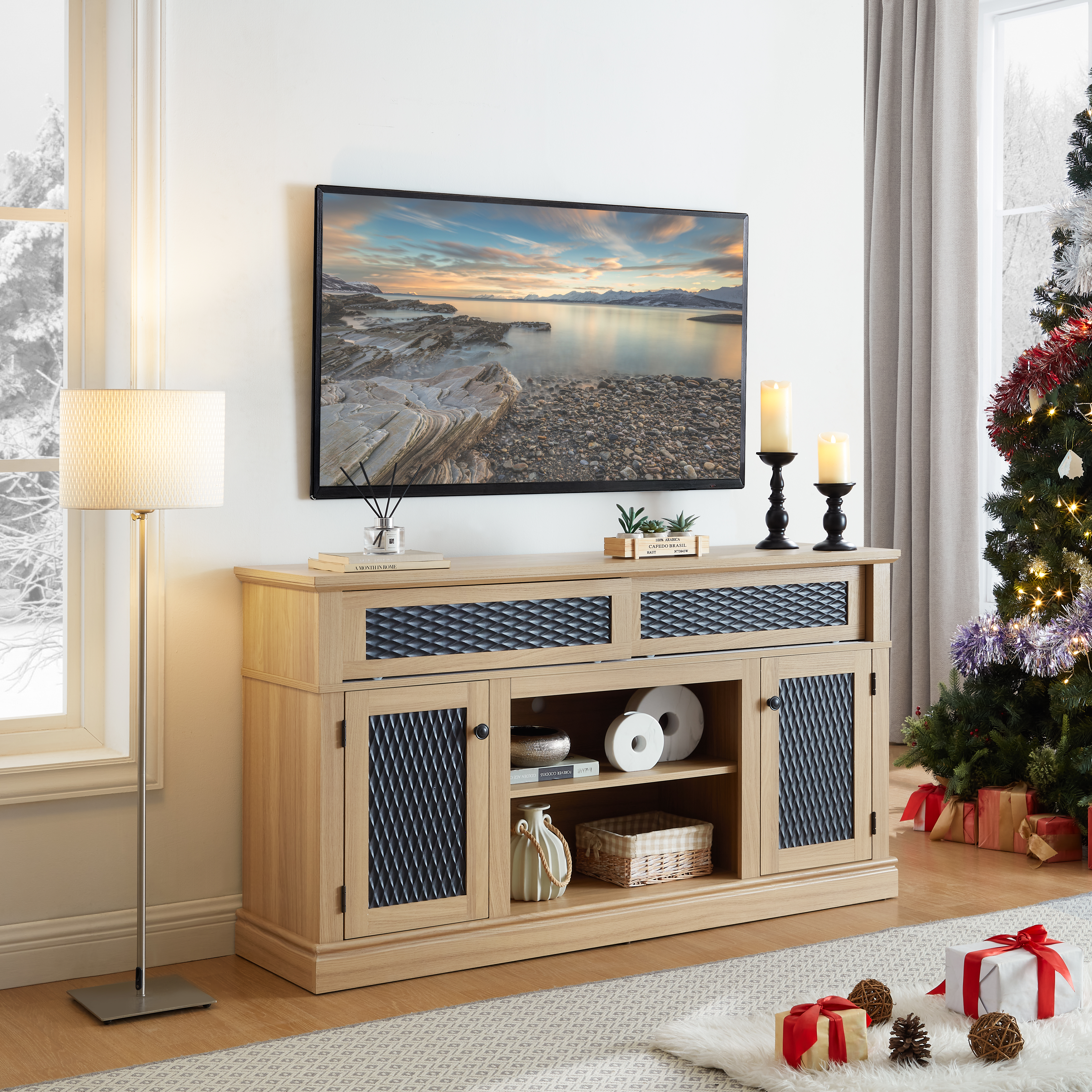 Embossed Pattern TV Stand, TV And Media Console With Open And Closed Storage Space And Sliding Door For Living Room & Bedroom, LIGHT OAK, 58.27 Wx15.35 Wx31.7H