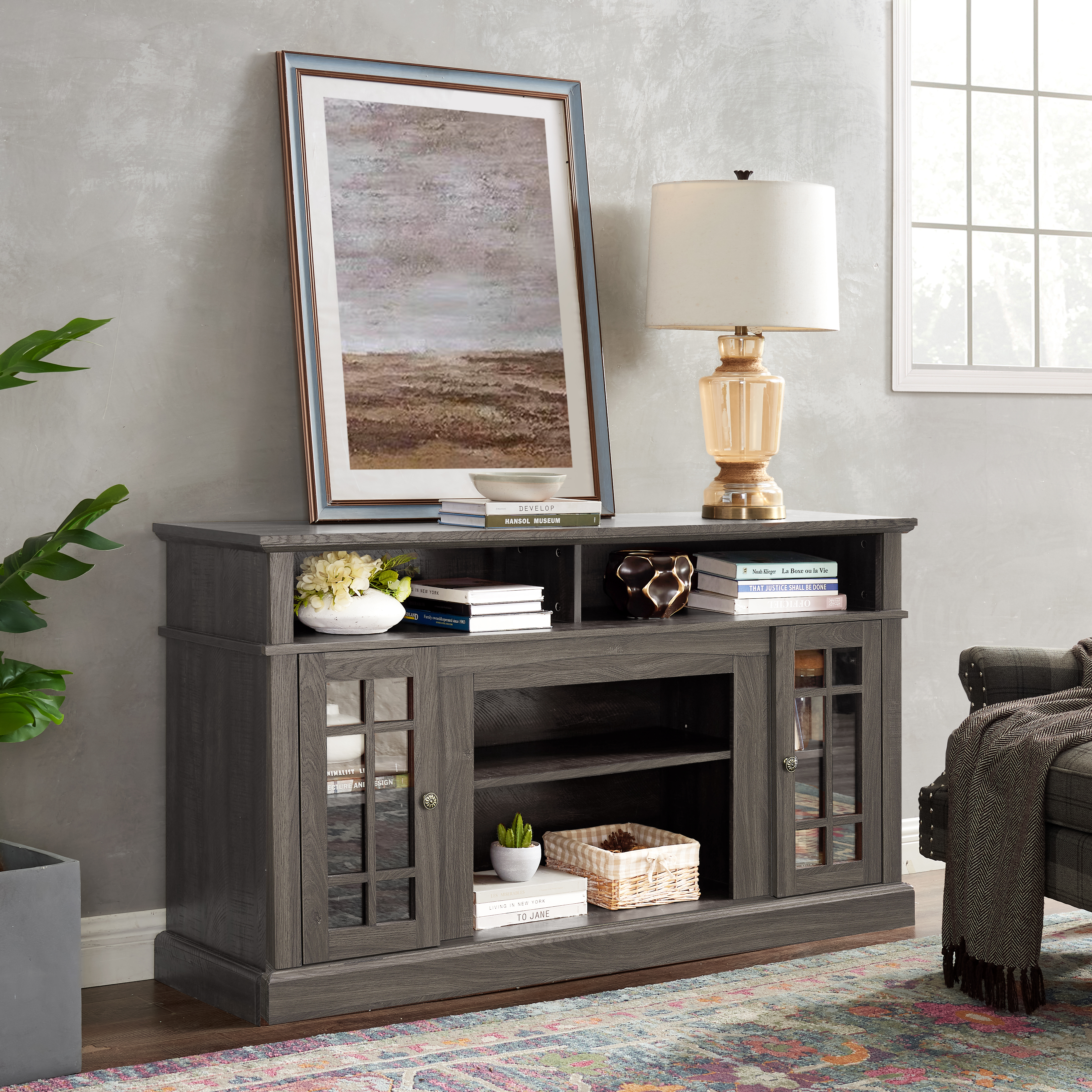 Classic TV Media Stand Modern Entertainment Console For TV Up To 65  With Open And Closed Storage Space, Dark Walnut Black, 58.25 Wx15.75 Dx32 H