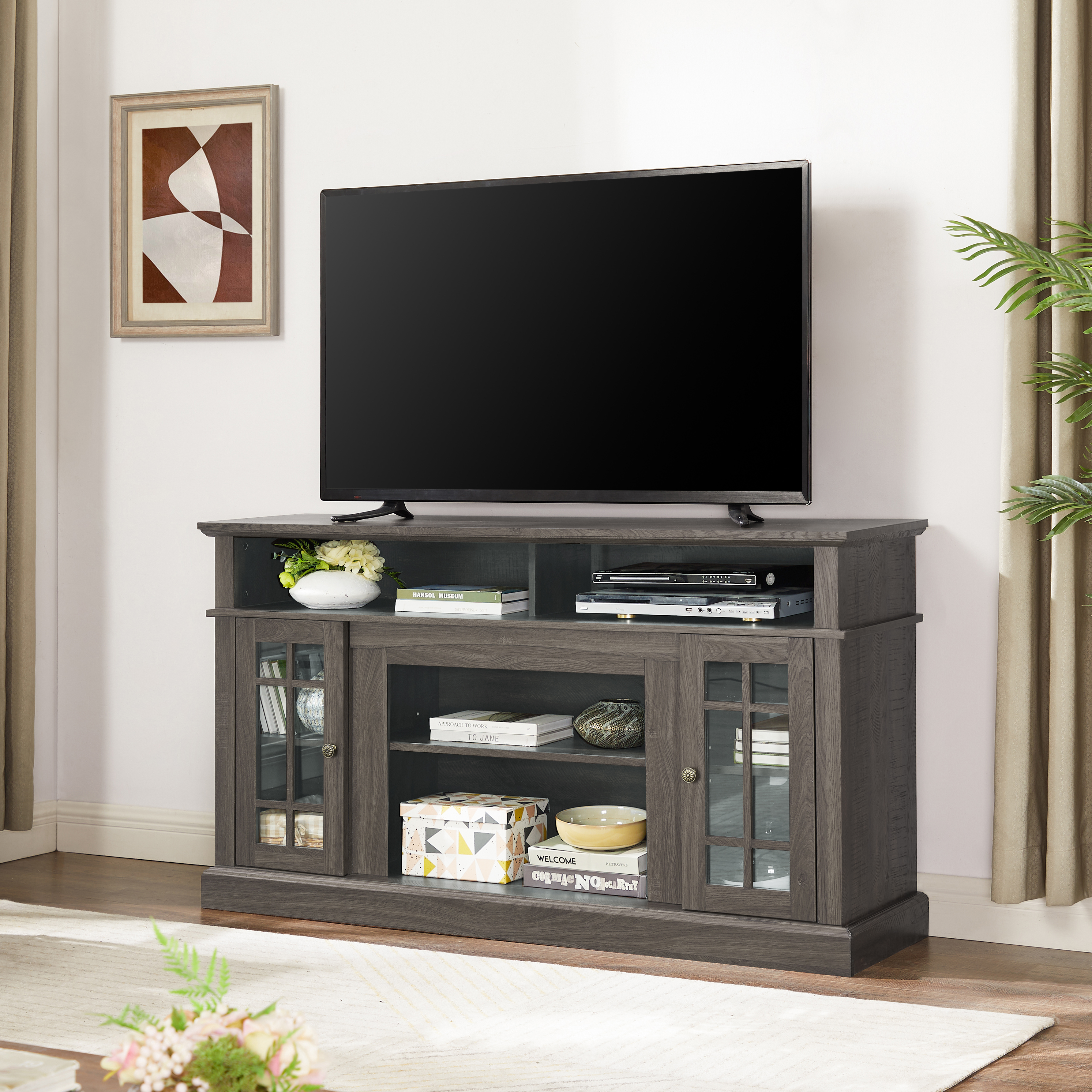 Classic TV Media Stand Modern Entertainment Console For TV Up To 65  With Open And Closed Storage Space, Dark Walnut Black, 58.25 Wx15.75 Dx32 H