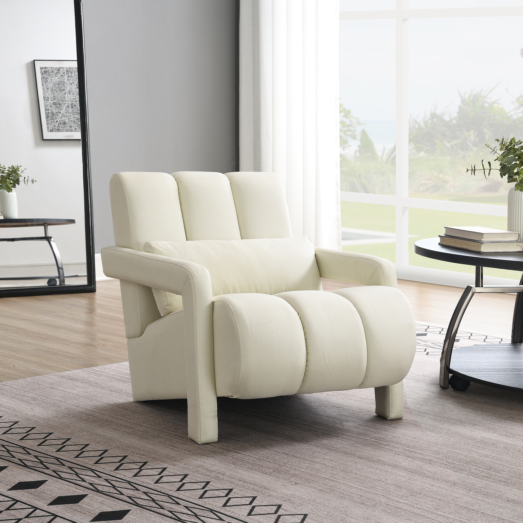 Modern Upholstered Accent Chair, Comfortable Linen Fabric With A Pillow For Living Room,bedroom. Linen, Beige