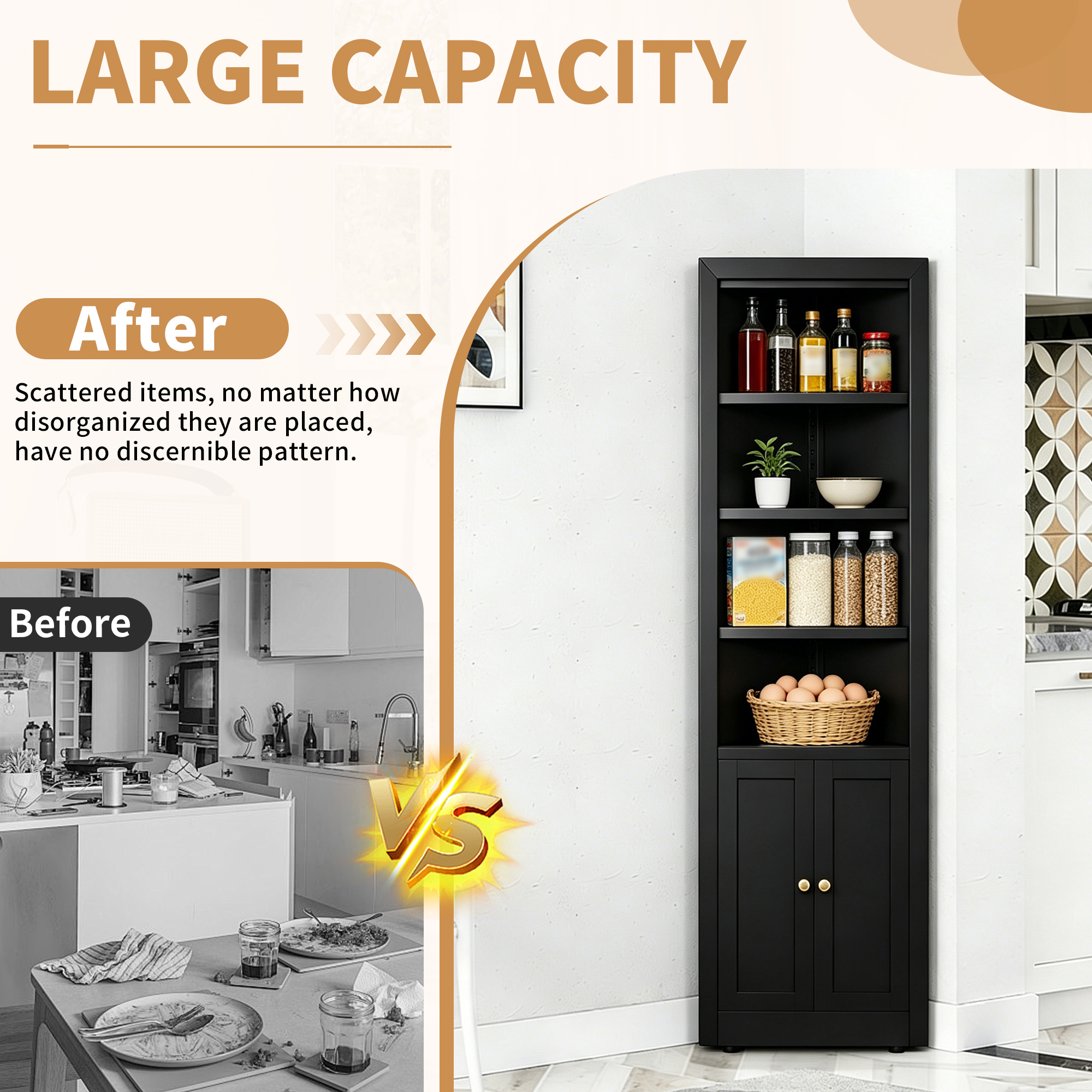 71  Tall Corner Storage Cabinet With 2 Doors, 5-Tier Metal Cabinet With Adjustable Shelves, Freestanding Kitchen Storage For Pantry, Living Room, Bathroom, Laundry Room, Space Saving Furniture, Black