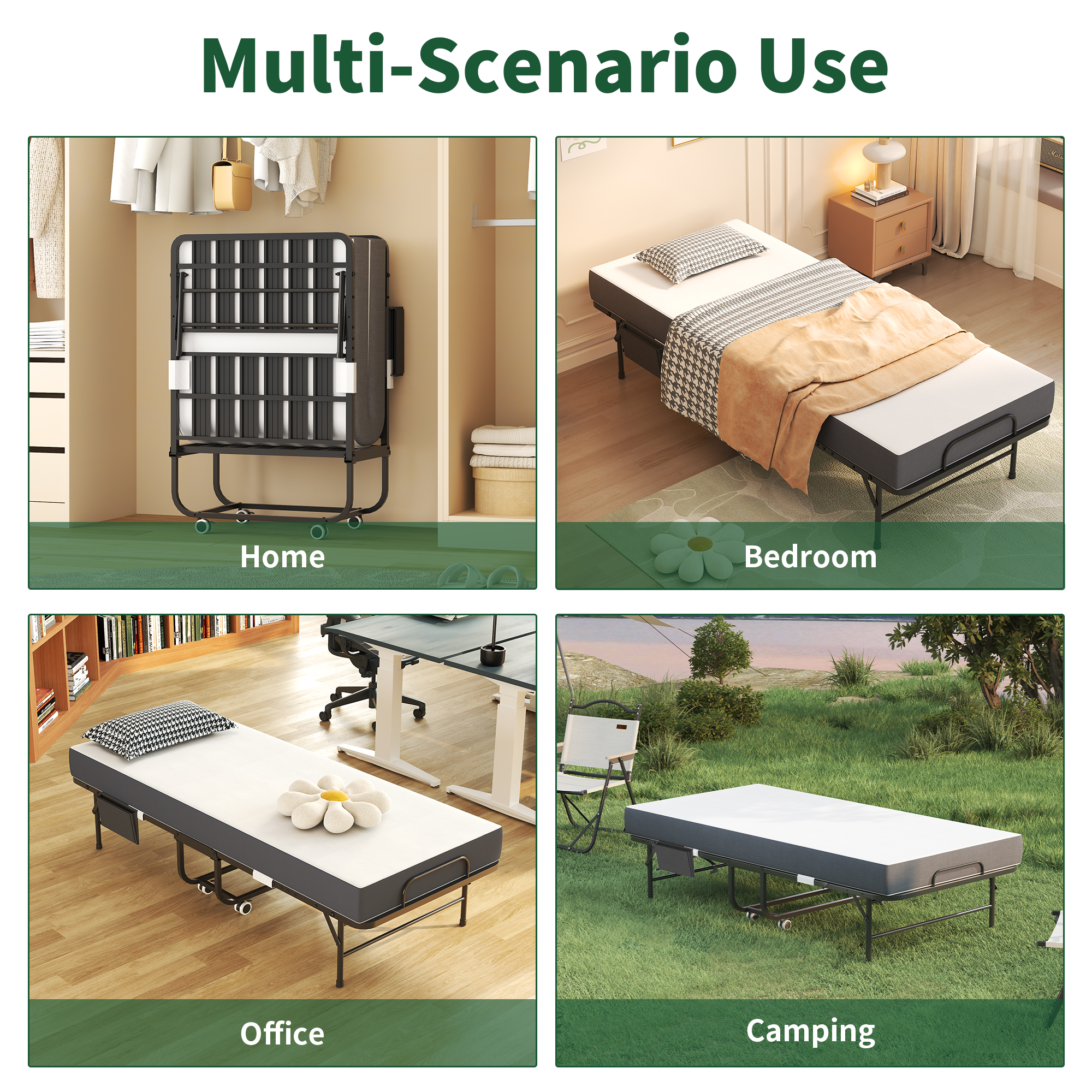 75 Inch Folding Bed With 5  Memory Foam Mattress, Space Saving Rollaway Guest Bed, Heavy-Duty Metal Frame On Wheels, Portable Twin Bed For Adults & Guests