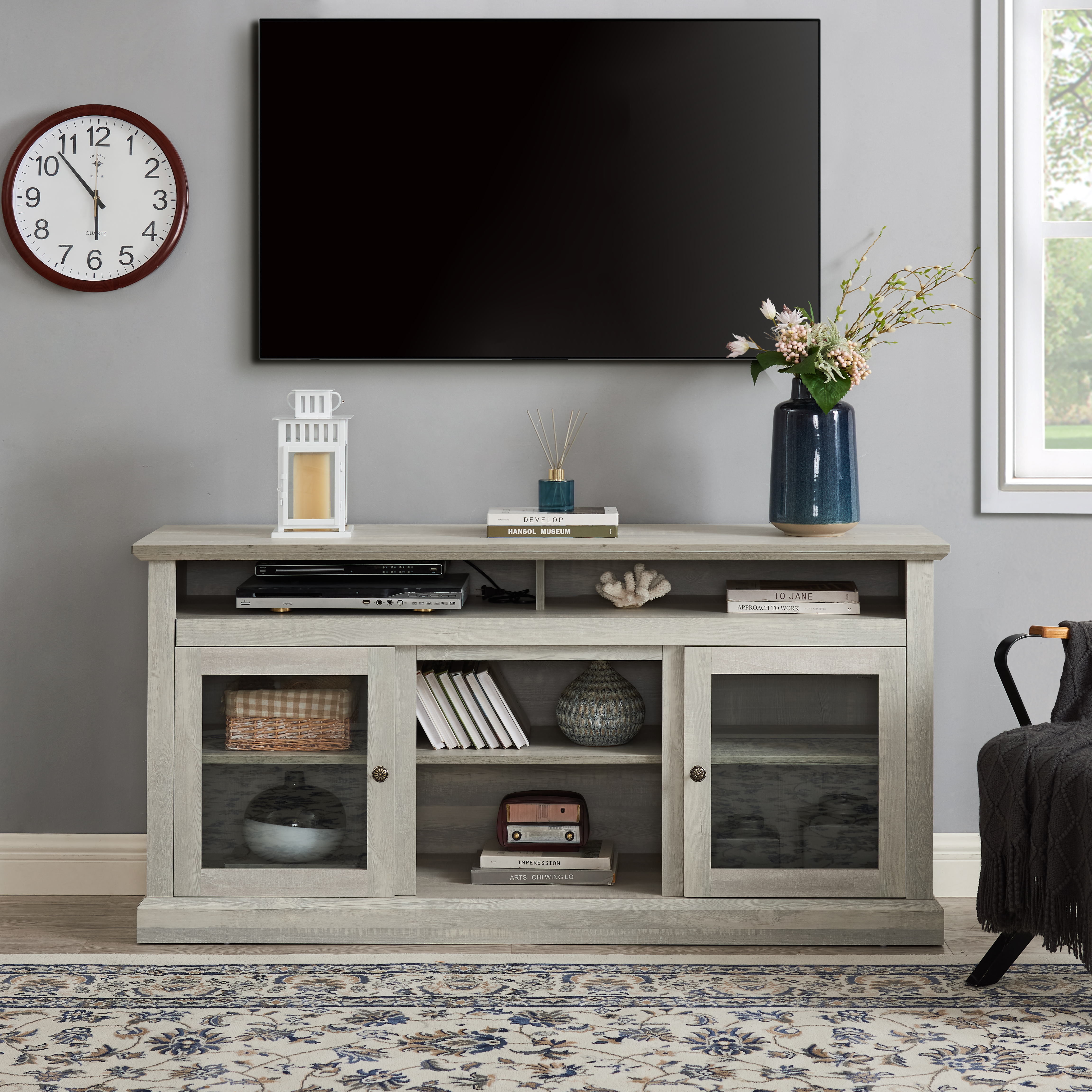 Contemporary TV Media Stand Modern Entertainment Console For TV Up To 65  With Open And Closed Storage Space, Stone Gray, 60 Wx15.75 Dx29 H