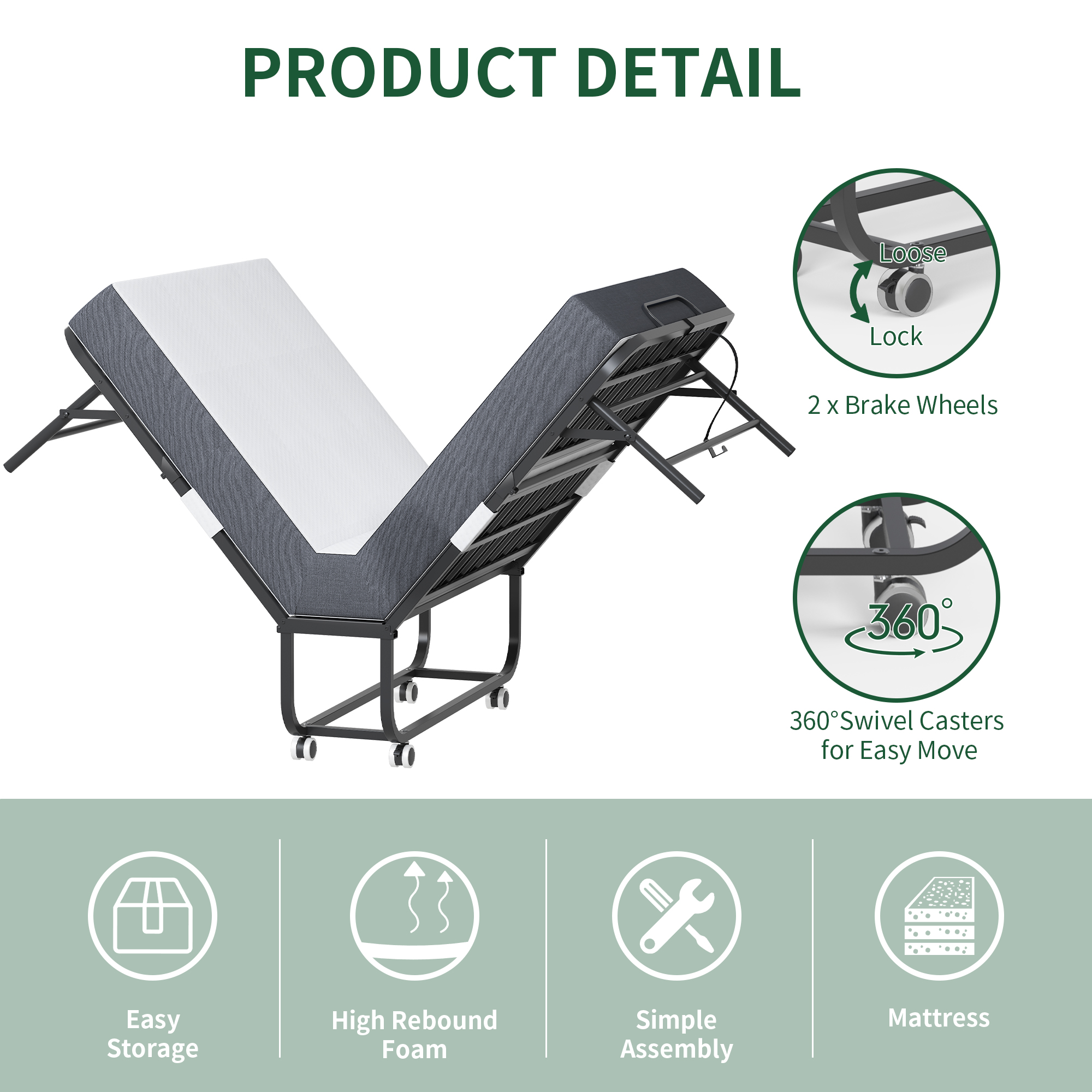 Large 75 X46  Wide Folding Bed For Tall People, Extra Long & Wide Rollaway Bed With 5  Memory Foam, Heavy-Duty 450lbs Capacity Guest Bed, Spacious Portable Twin Cot