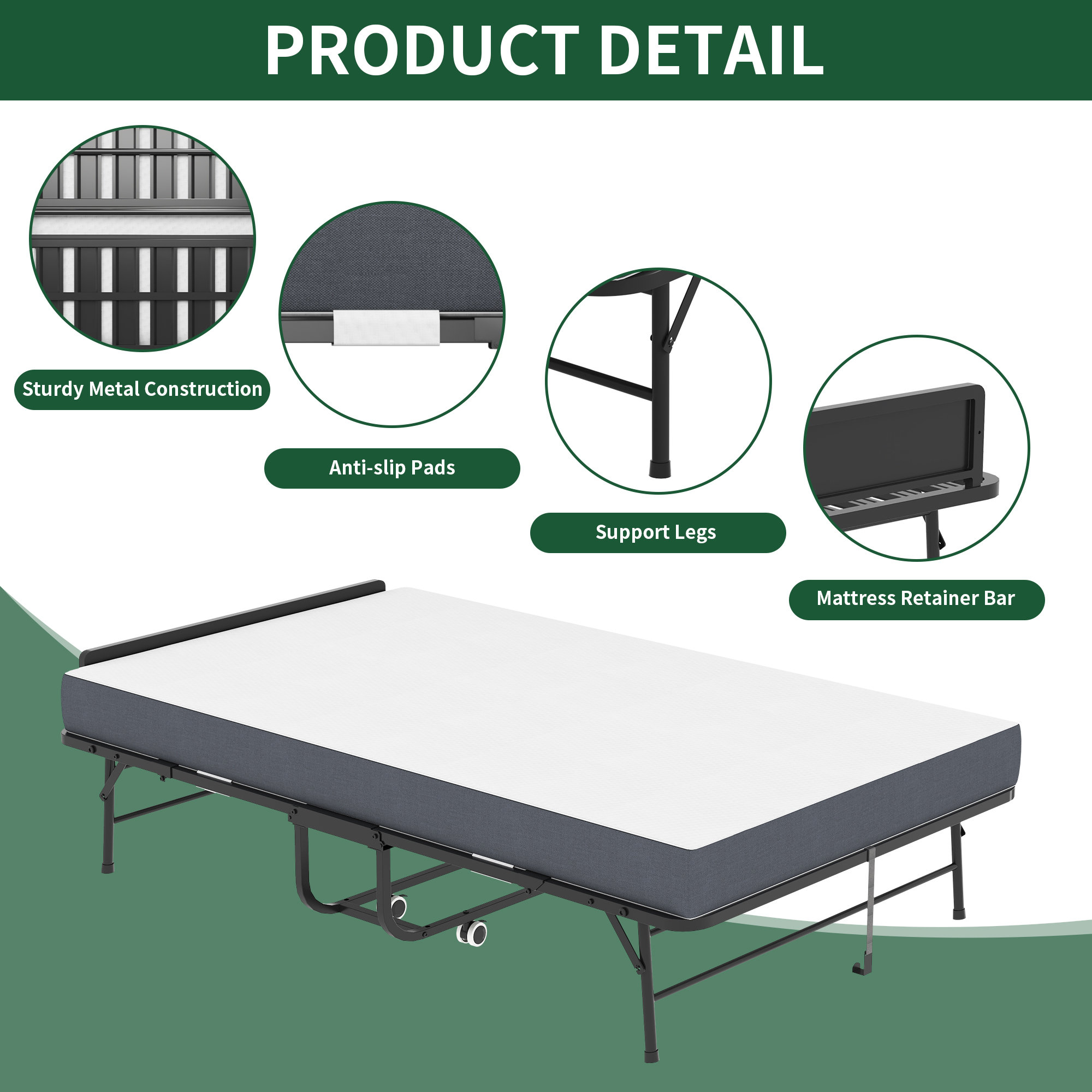 75 X46  Wide Folding Bed With Adjustable Headboard, Extra Long Rollaway Bed For Tall People, 5  Memory Foam Mattress, Heavy-Duty Guest Bed On Wheels, Spacious Twin Cot