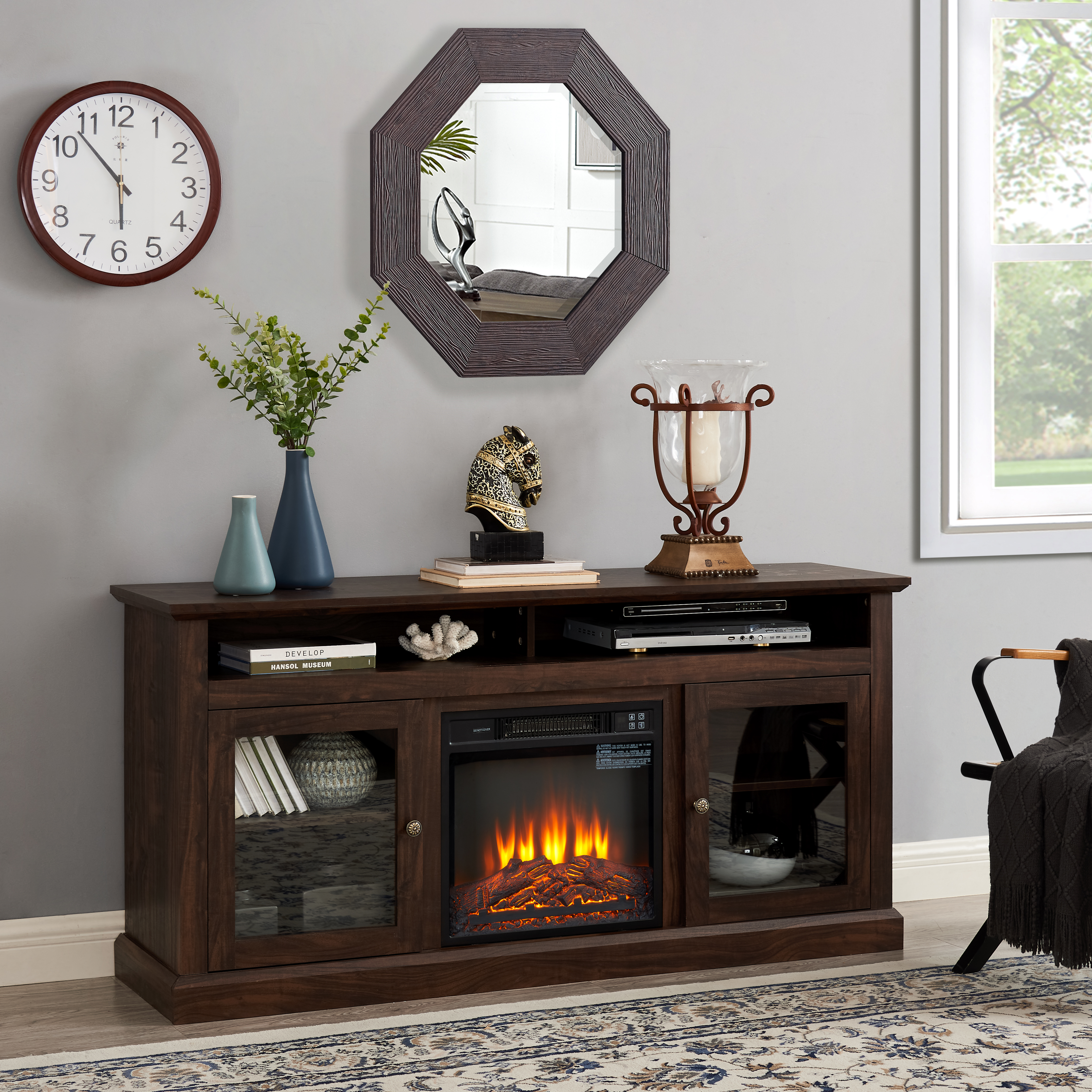 Contemporary TV Media Stand Modern Entertainment Console With 18  Fireplace Insert For TV Up To 65  With Open And Closed Storage Space, Brown, 60 Wx15.75 Dx29 H