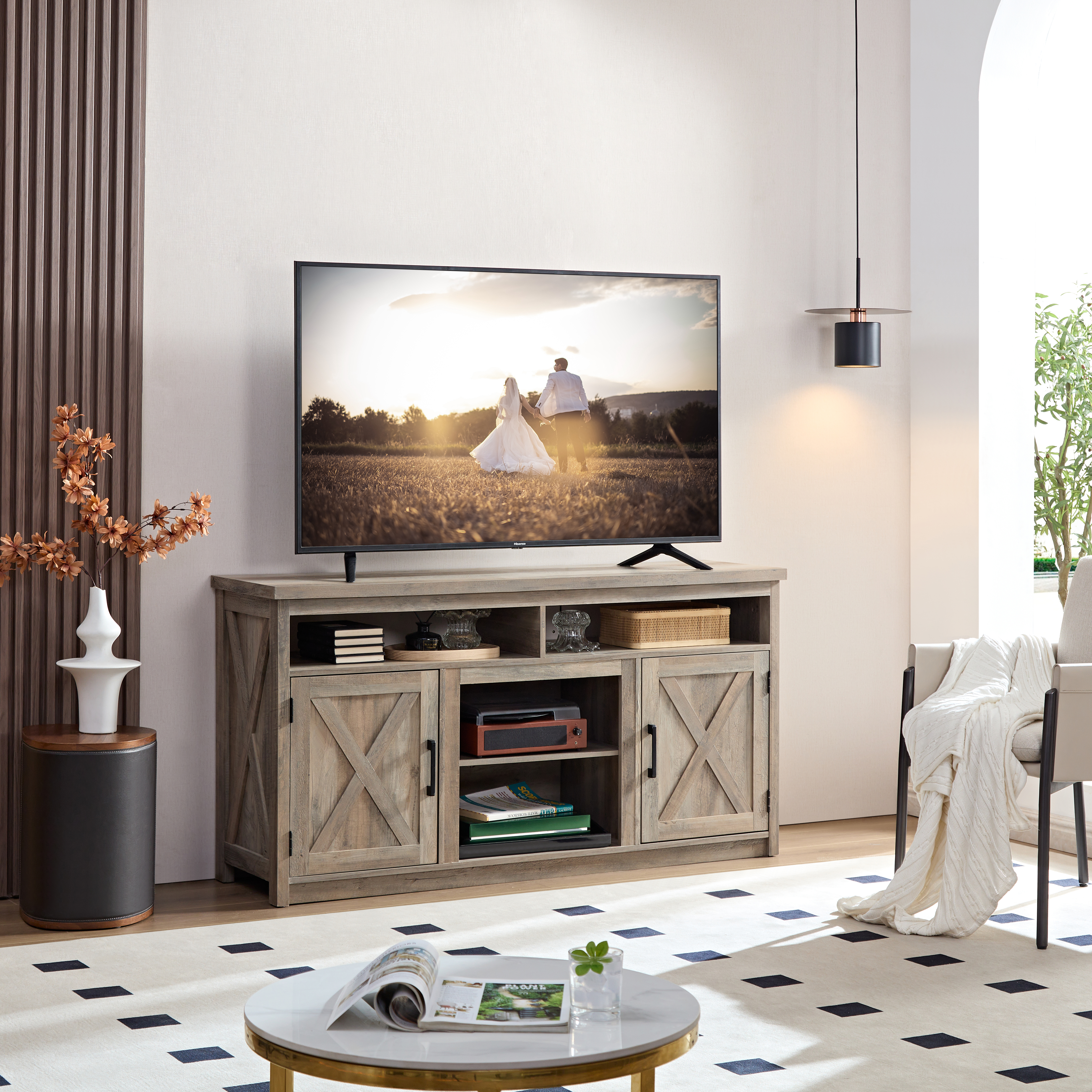 Farmhouse Barn Door TV Media Stand Modern Entertainment Console For TV Up To 65  With Open And Closed Storage Space, Gray Wash, L57.87xW15.75xH30.31