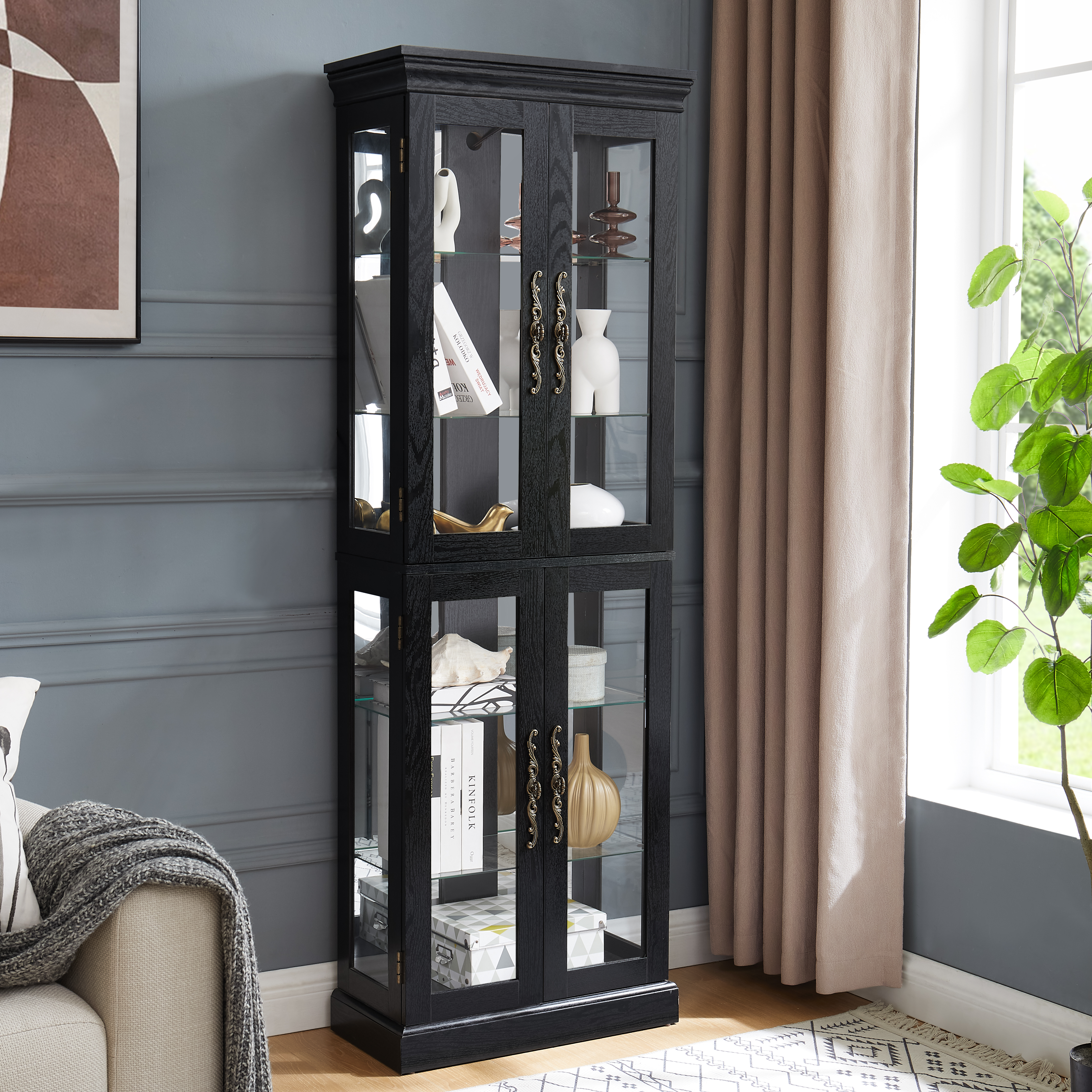 Elegant Lighted Glass Curio Display Cabinet - Wooden Frame Storage For Living Room, Kitchen & Pantry - Includes Light Bulb - Ideal For Wine, Toys & Collectibles - Black_maomaolike.com