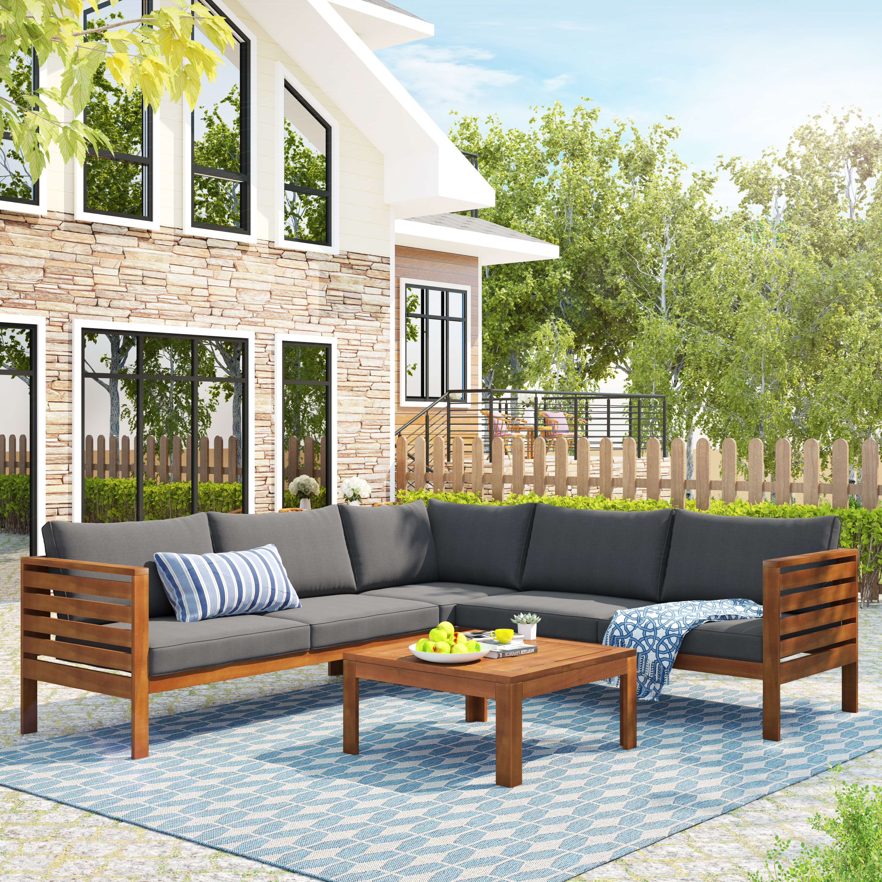 Wood Structure Outdoor Sofa Set With Gray Cushions Exotic Design Water-resistant And UV Protected Texture High Quality Acacia Wood Strong Metal Accessorie
