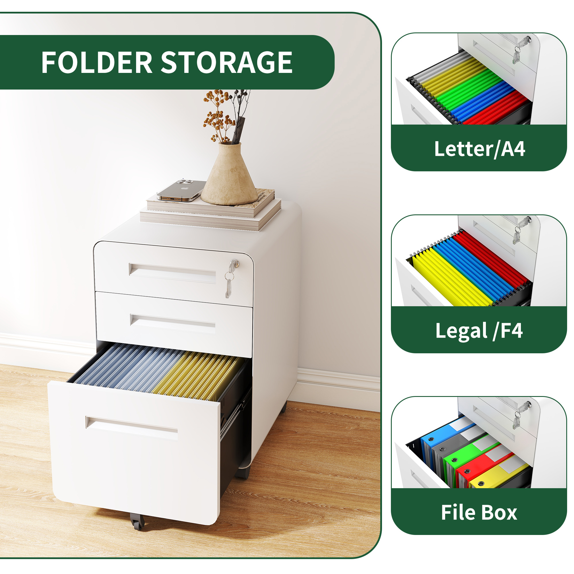 3-Drawer Wide Mobile File Cabinet With Lock, All-Steel Metal Storage Cabinet On Casters, For Home & Office,White, Fully Assembled, Holds A4 Letter Files, 110lbs Drawer detail