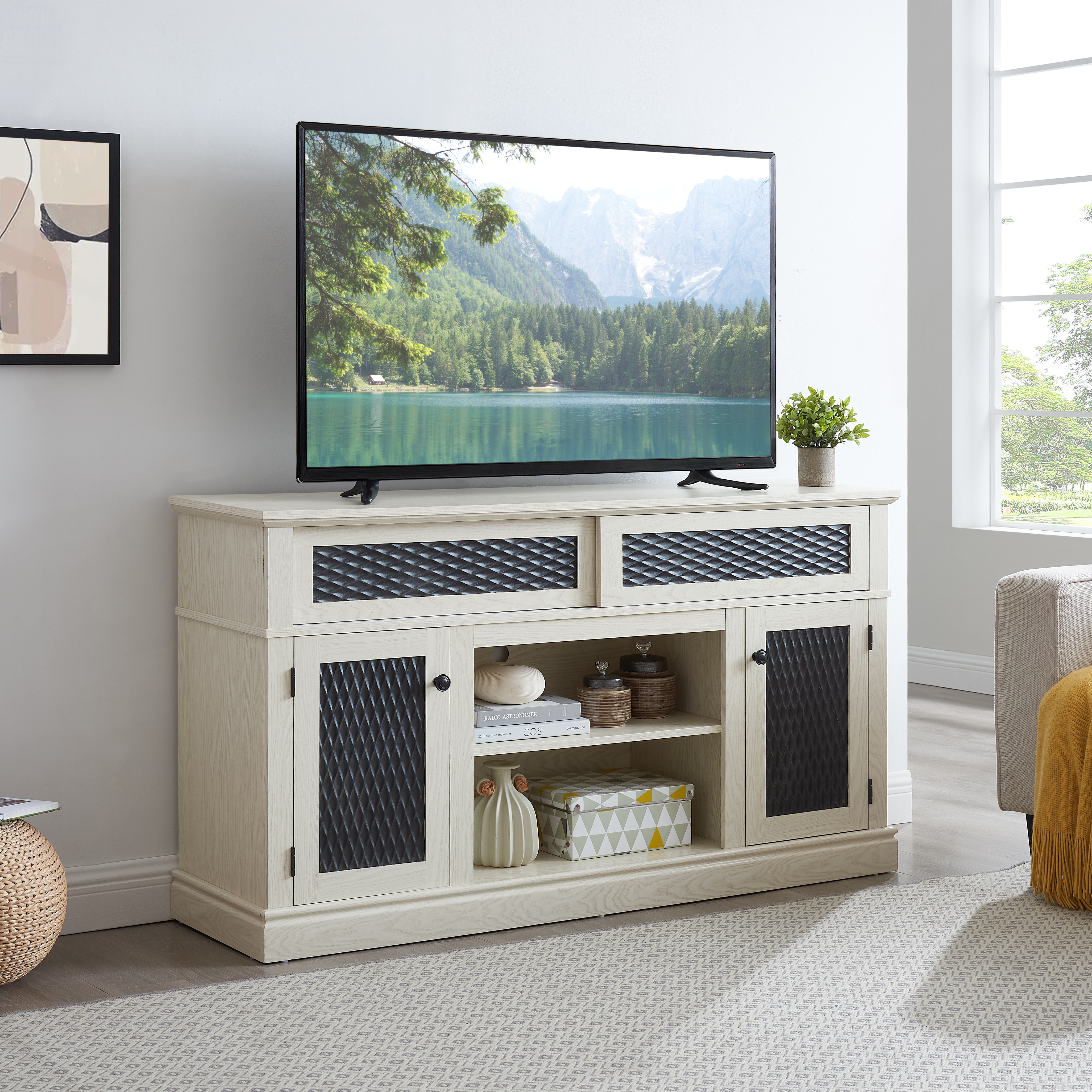 Embossed Pattern TV Stand, TV And Media Console With Open And Closed Storage Space And Sliding Door For Living Room & Bedroom,White, 58.27 Wx15.35 Wx31.7H