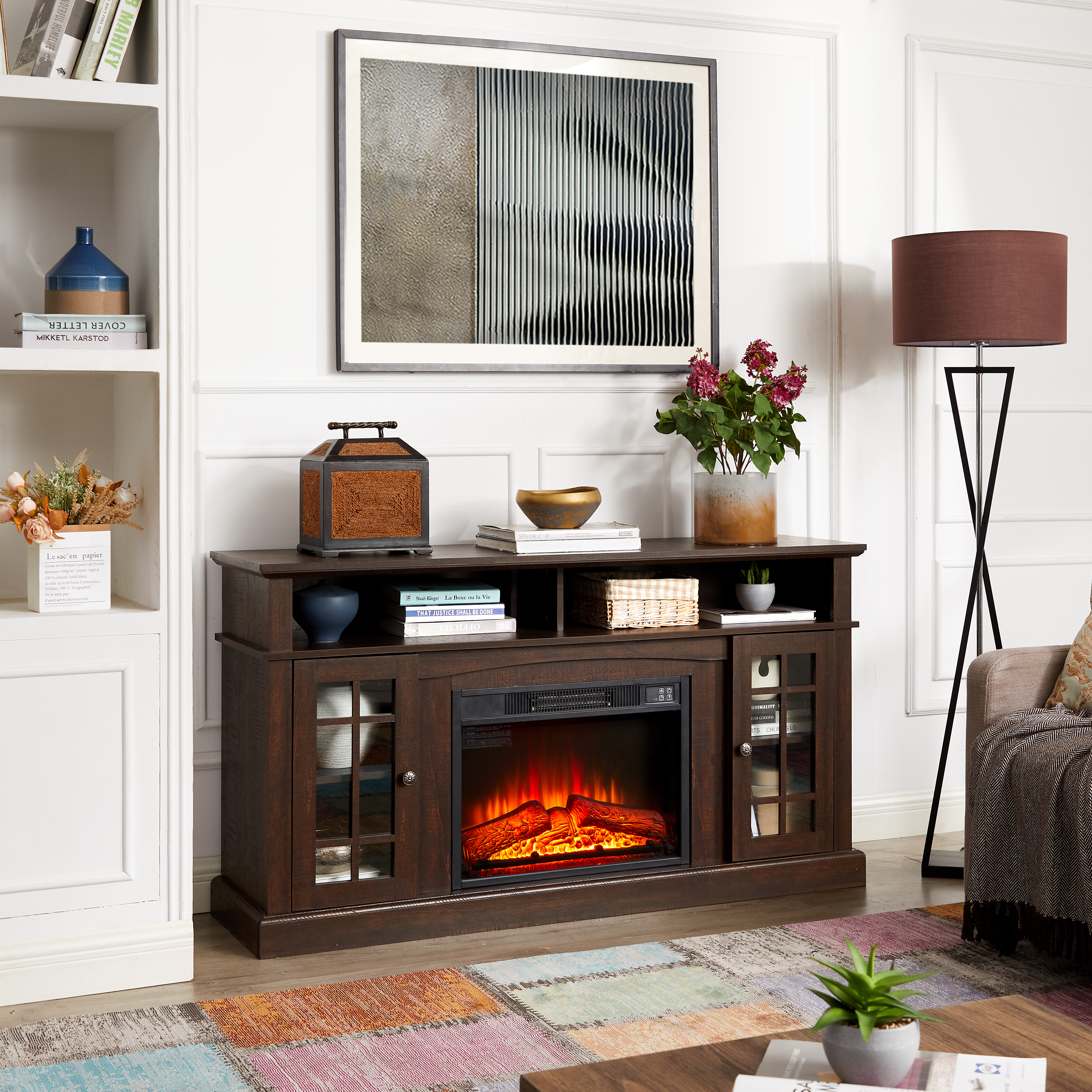 Classic TV Media Stand Modern Entertainment Console With 23  Fireplace Insert For TV Up To 65  With Open And Closed Storage Space, Espresso, 58.25 Wx15.75 Dx32 H