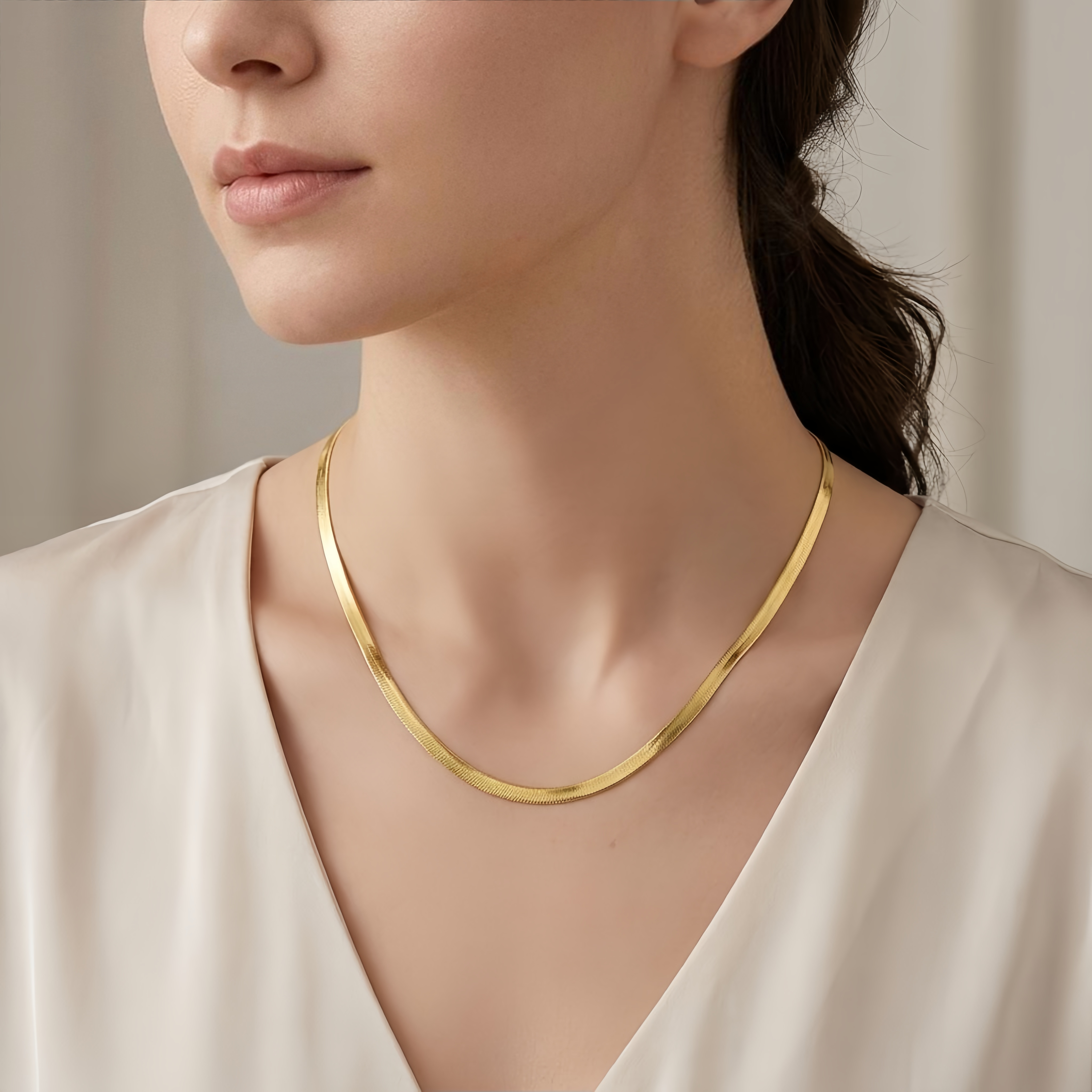 925 Sterling Silver Elegant Gold Herringbone Chain Necklace with Adjustable Extension