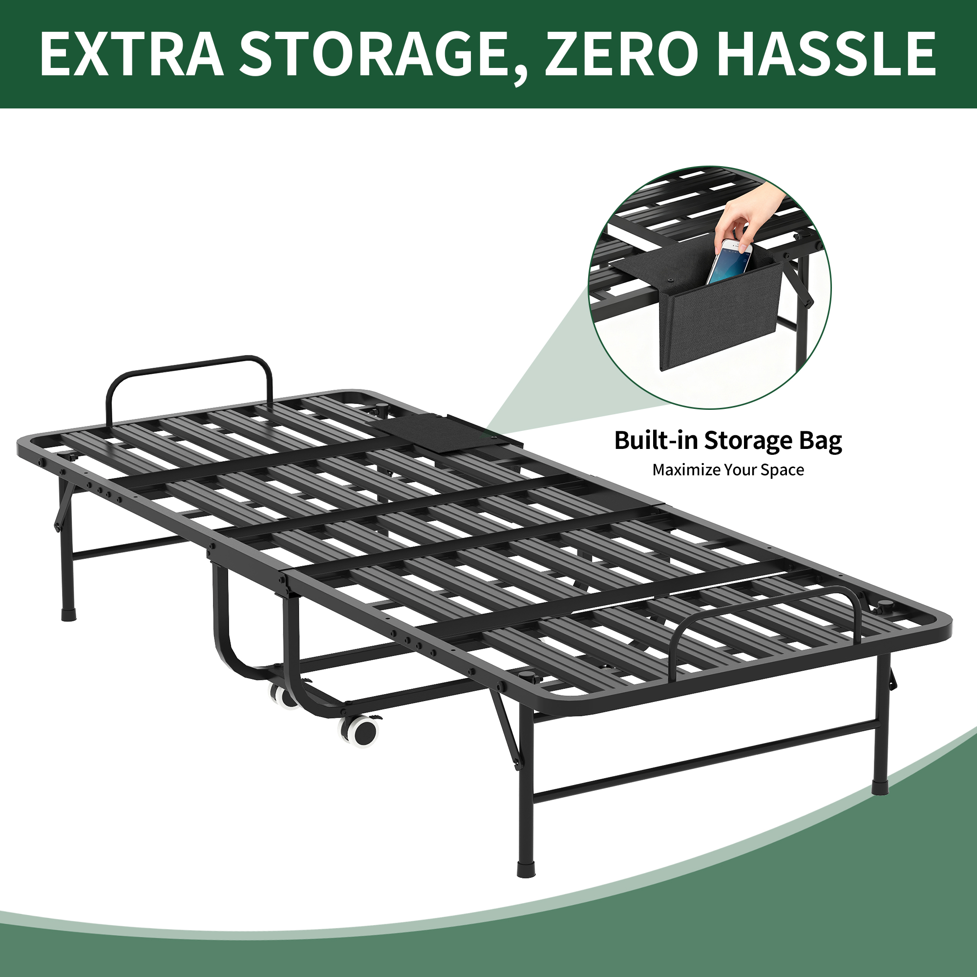 75 Inch Folding Bed With 5  Memory Foam Mattress, Space Saving Rollaway Guest Bed, Heavy-Duty Metal Frame On Wheels, Portable Twin Bed For Adults & Guests