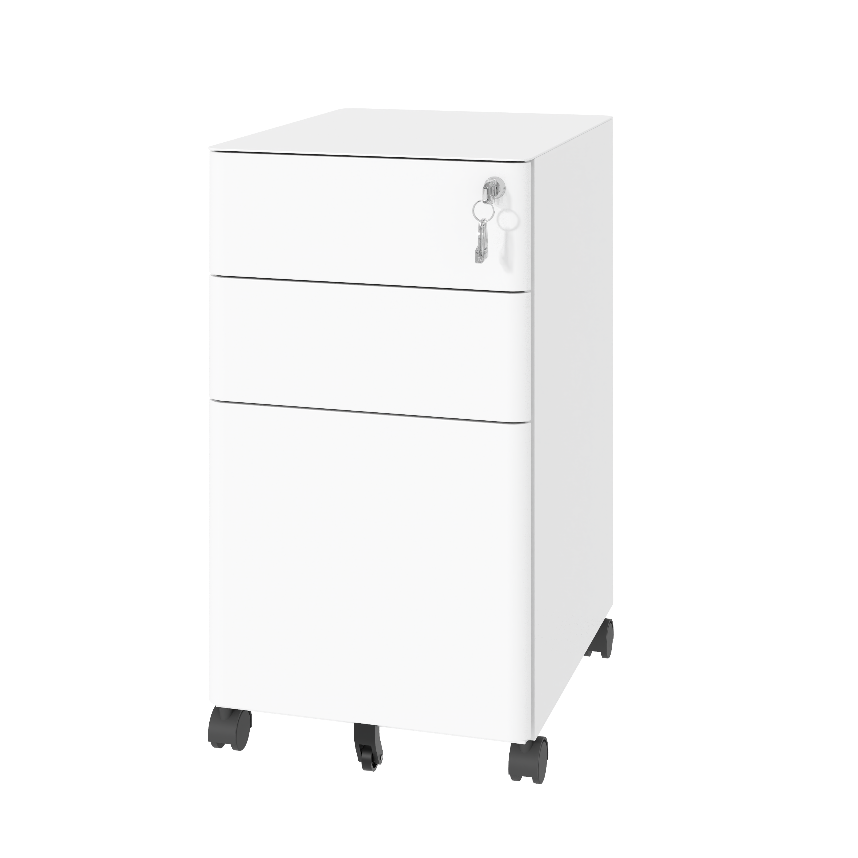 3-Drawer Mobile File Cabinet With Lock, All-Steel Metal Storage On Wheels, Two Shallow & One Deep Drawer For Office Home, Fully Assembled, White, 110lbs Drawer, Anti-Tip Design detail