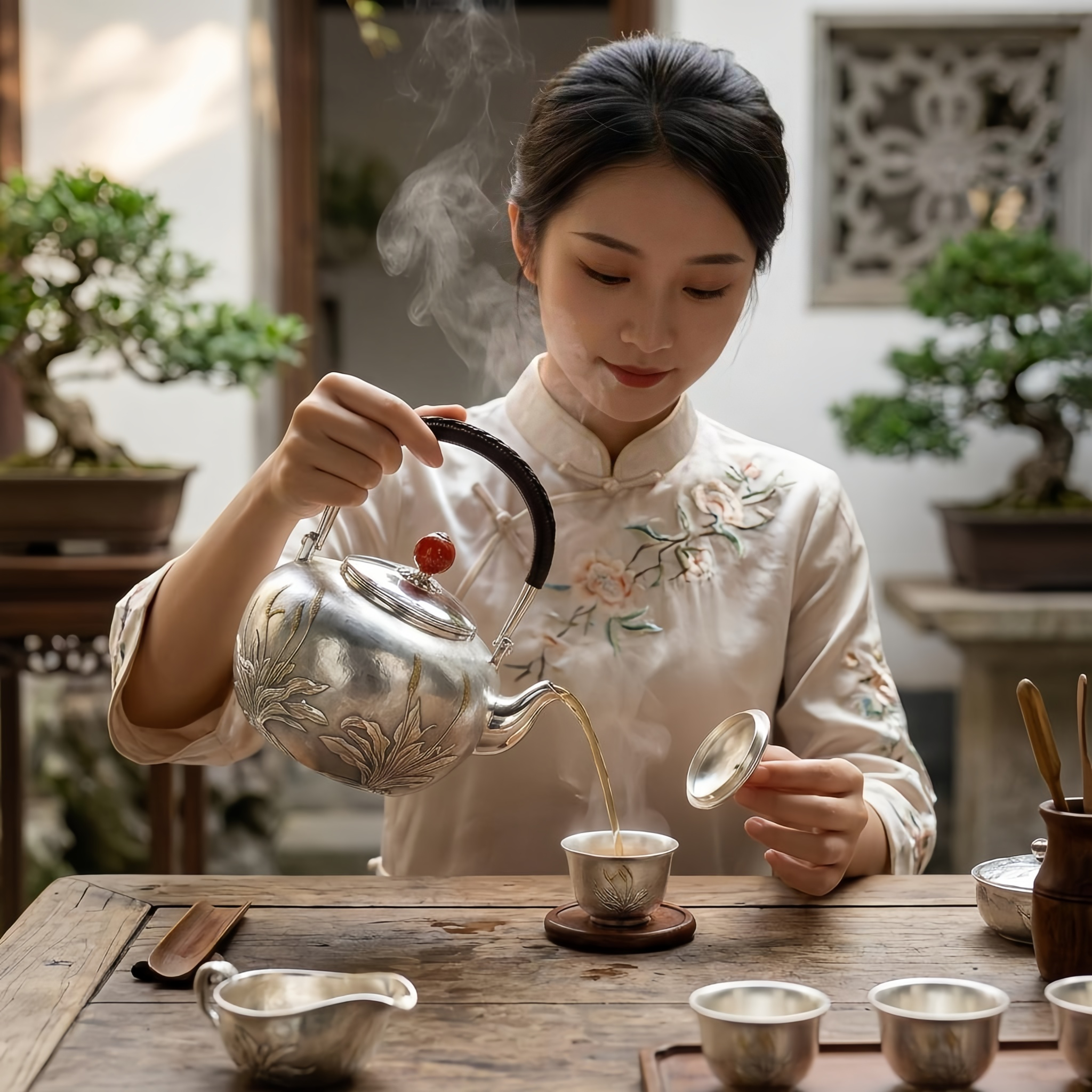 Pure 999 Fine Silver Exquisite Handcrafted Silver Teapot with Floral Motifs and Red Finial - Handicraft