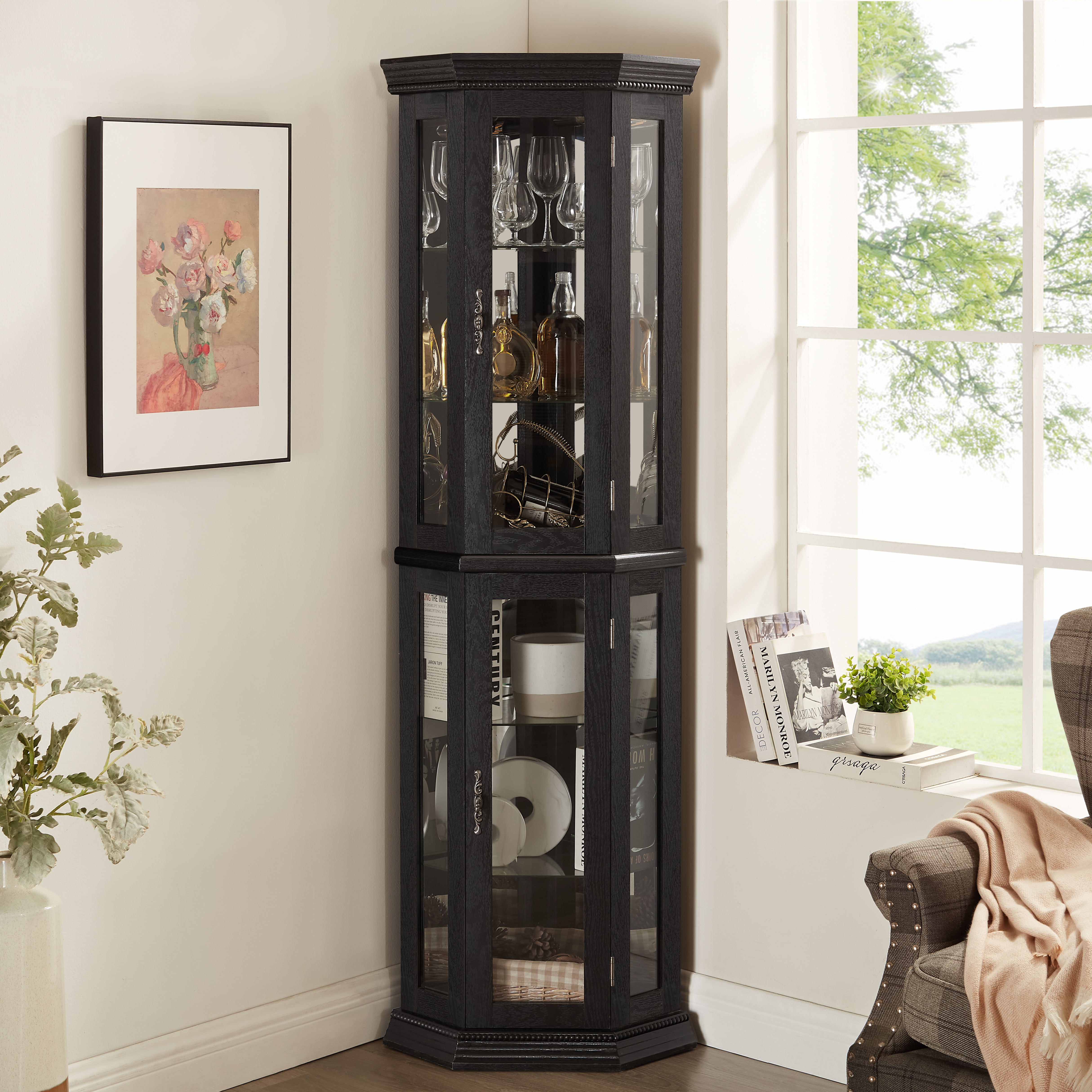 Lighted Corner Curio Cabinet - Glass Display Shelf With Tempered Glass Doors, Adjustable Shelving, And Included Bead Bulb - Ideal Bar Cabinet For Home Decor- BLACK_voghion.com