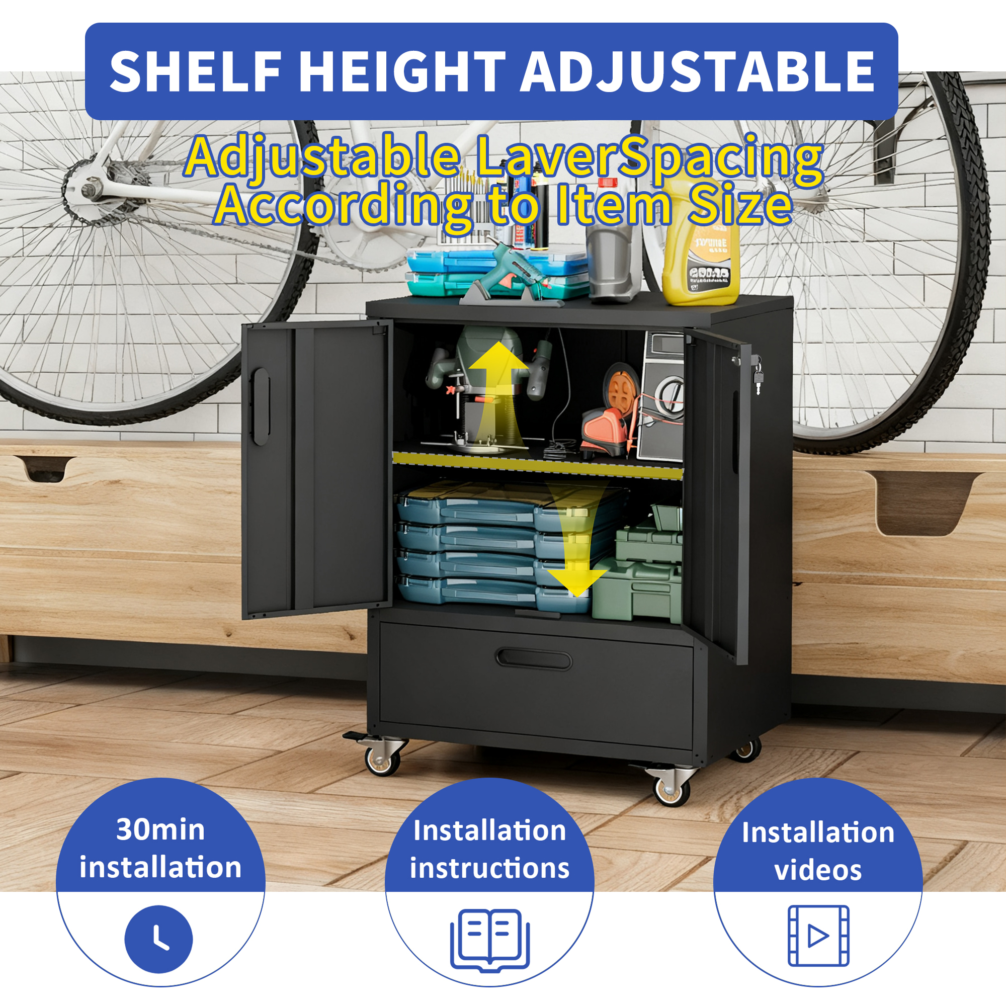 Tool Cart With Wheels, 40  H X 30  W X 20  D, Mobile Tool Cabinet With Lockable Casters & Drawer, Heavy-Duty Steel Storage Organizer For Garage, Workshop, Office - Easy 30-Min Assembly detail