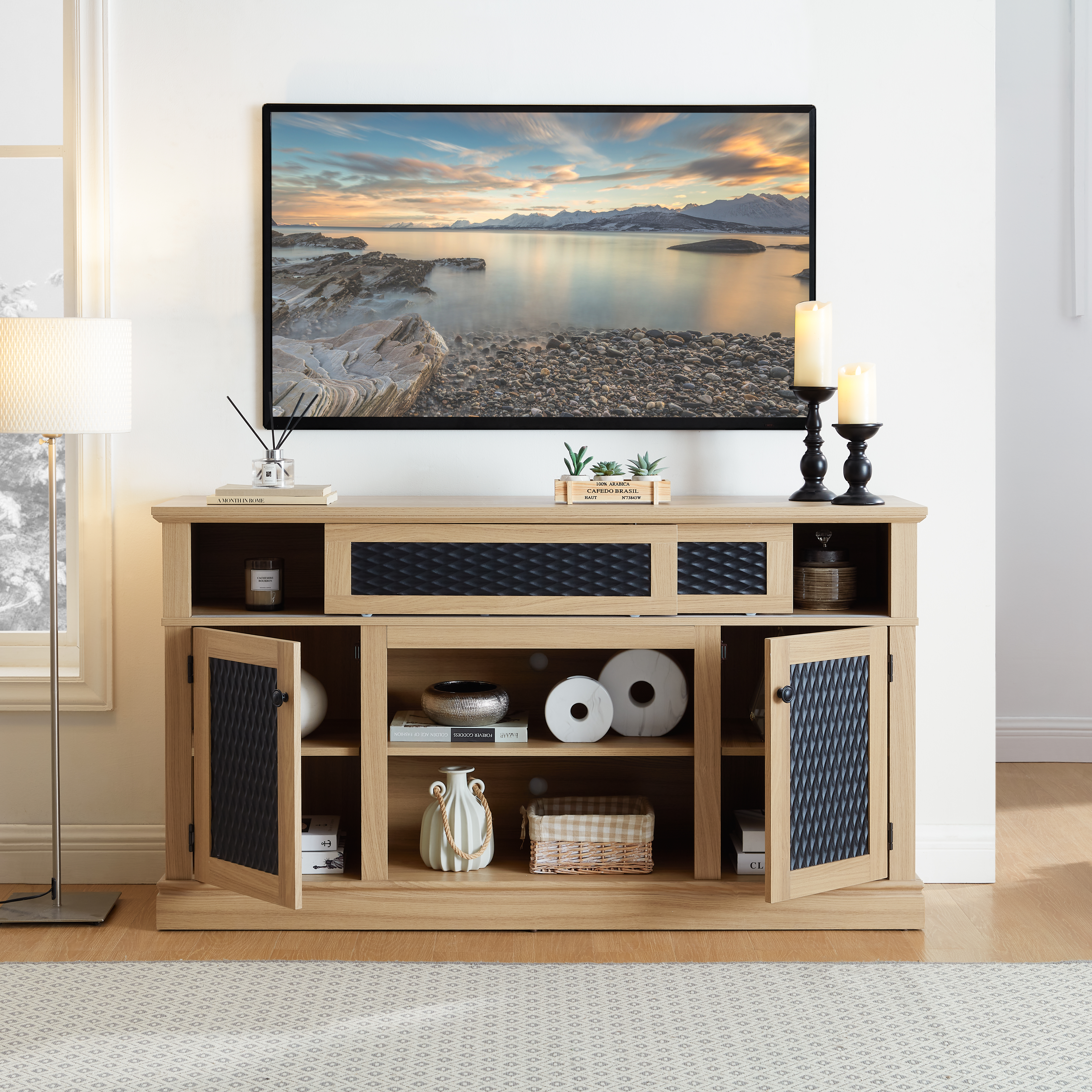 Embossed Pattern TV Stand, TV And Media Console With Open And Closed Storage Space And Sliding Door For Living Room & Bedroom, LIGHT OAK, 58.27 Wx15.35 Wx31.7H