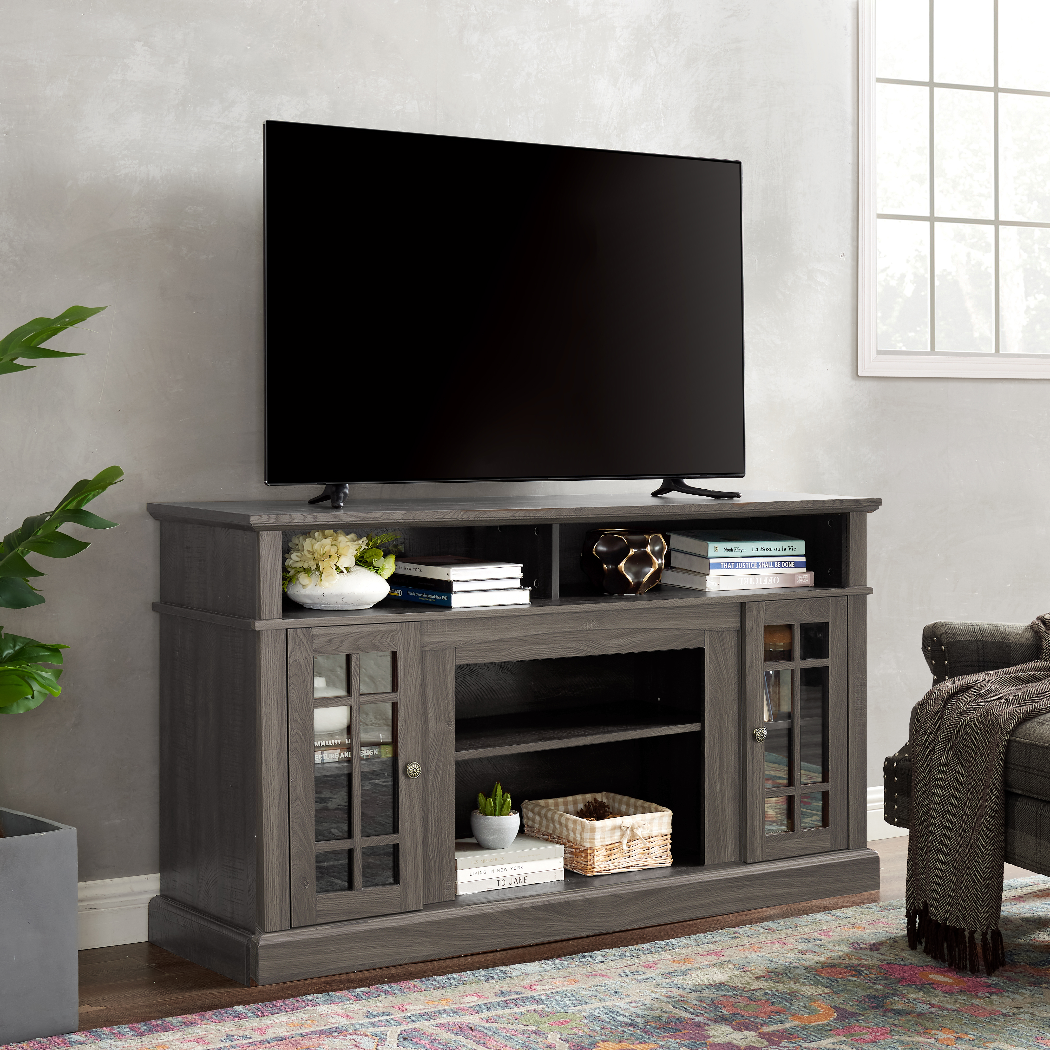 Classic TV Media Stand Modern Entertainment Console For TV Up To 65  With Open And Closed Storage Space, Dark Walnut Black, 58.25 Wx15.75 Dx32 H