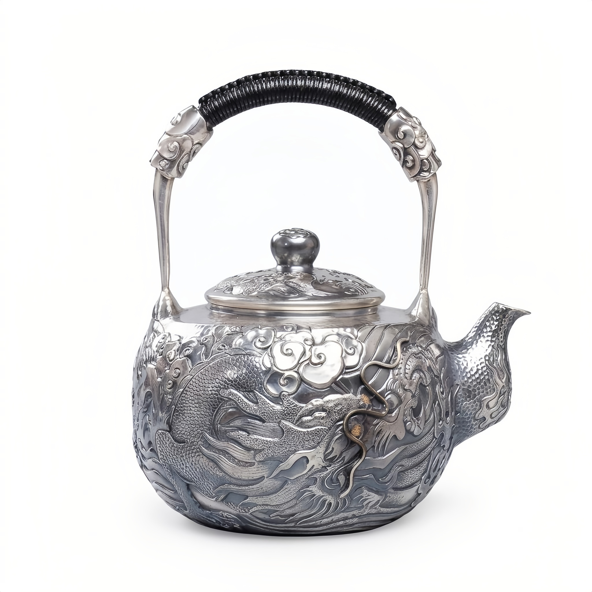 Pure 999 Fine Silver Handcrafted Silver Dragon Teapot with Intricate Relief Carvings and Woven Handle - Handicraft