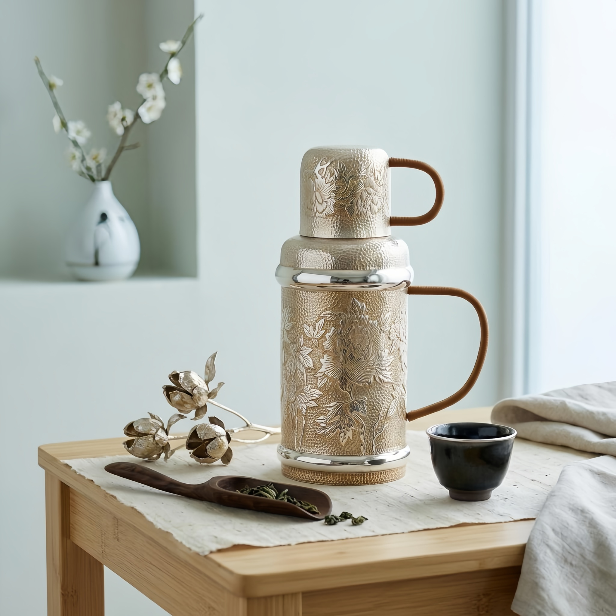 Pure 999 Fine Silver Elegant Hand-Hammered Metallic Thermos Set with Intricate Floral Motifs and Cord-Wrapped Handles - Handicraft