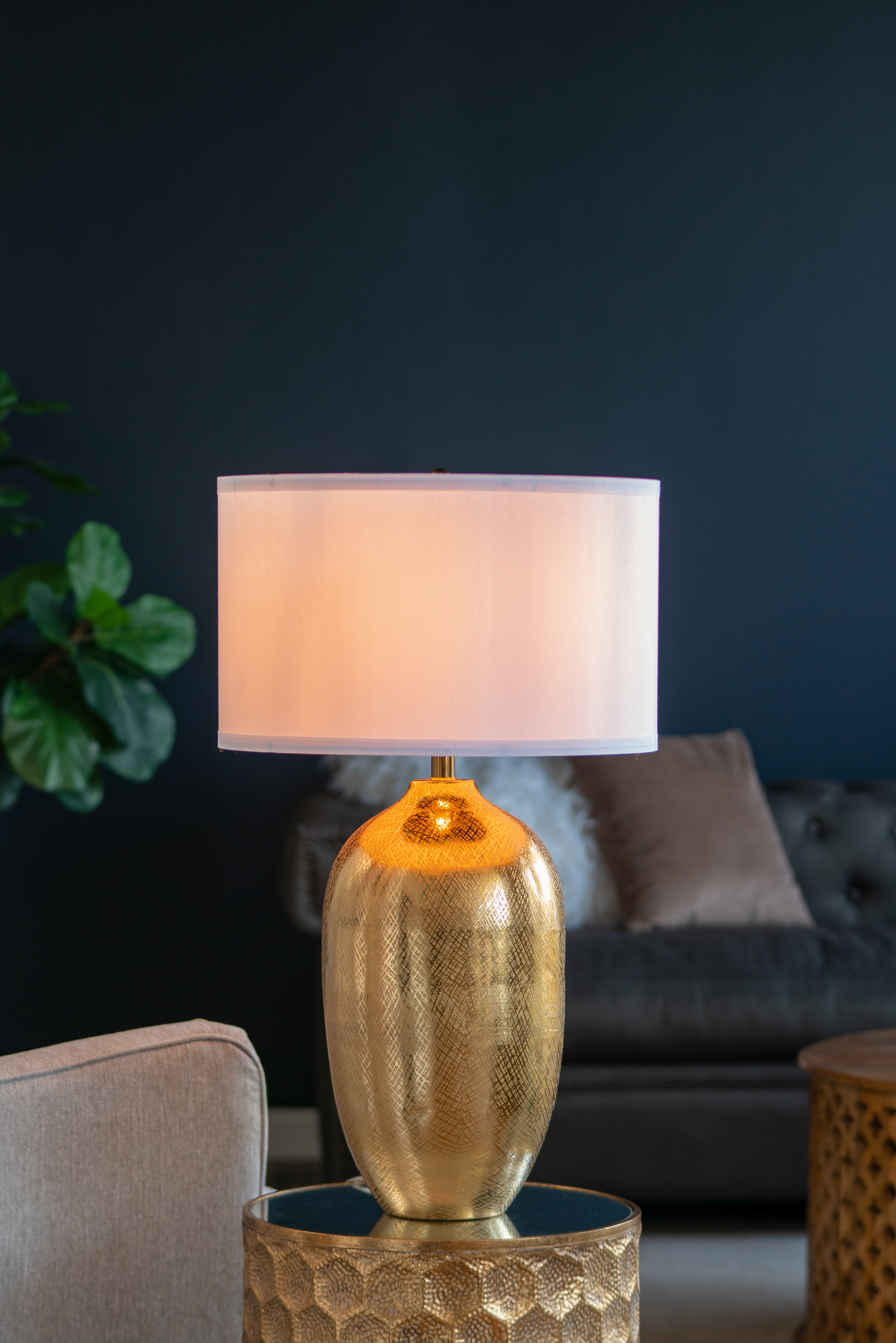 D18x31  Round Aluminum Sheet Gold Table Lamp With White Fabric Shade Lamp Shade Assembly Required