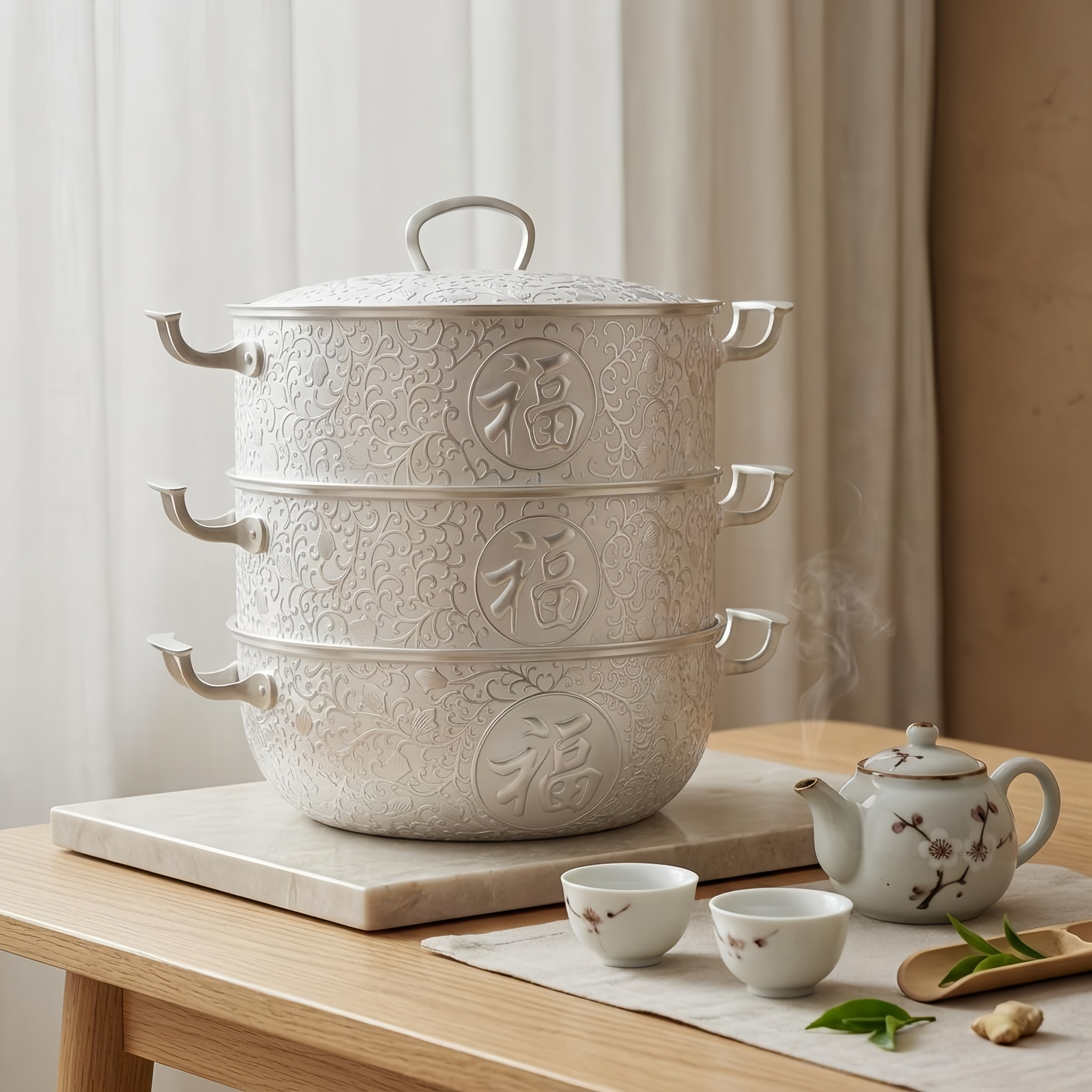 Pure 999 Fine Silver Elegant Three-Tier Silver Steamer with Traditional Chinese Fu Character and Ornate Floral Engravings - Handicraft