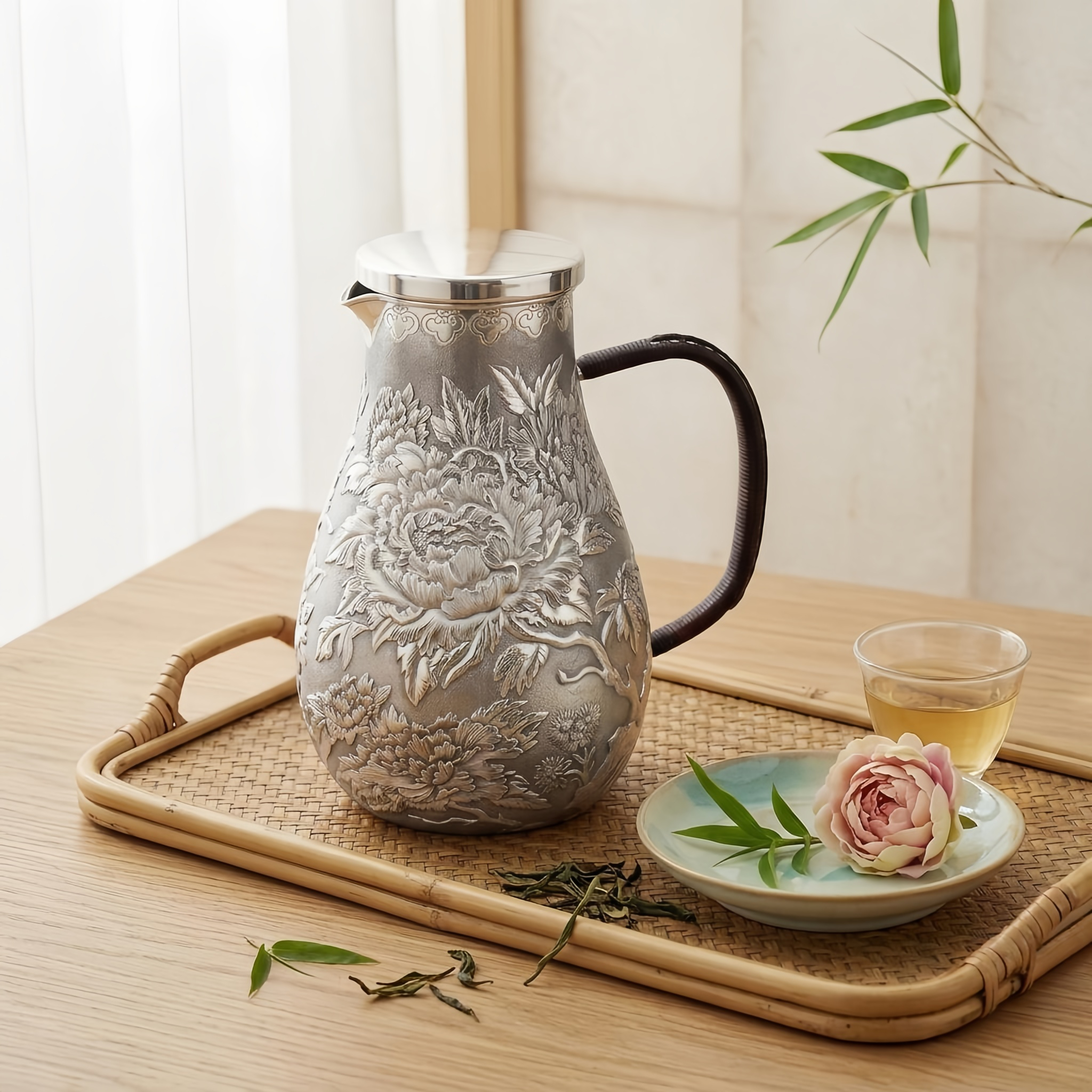 Pure 999 Fine Silver Exquisite Hand-Carved Silver Floral Pitcher with Intricate Peony Relief and Rattan-Wrapped Handle - Handicraft