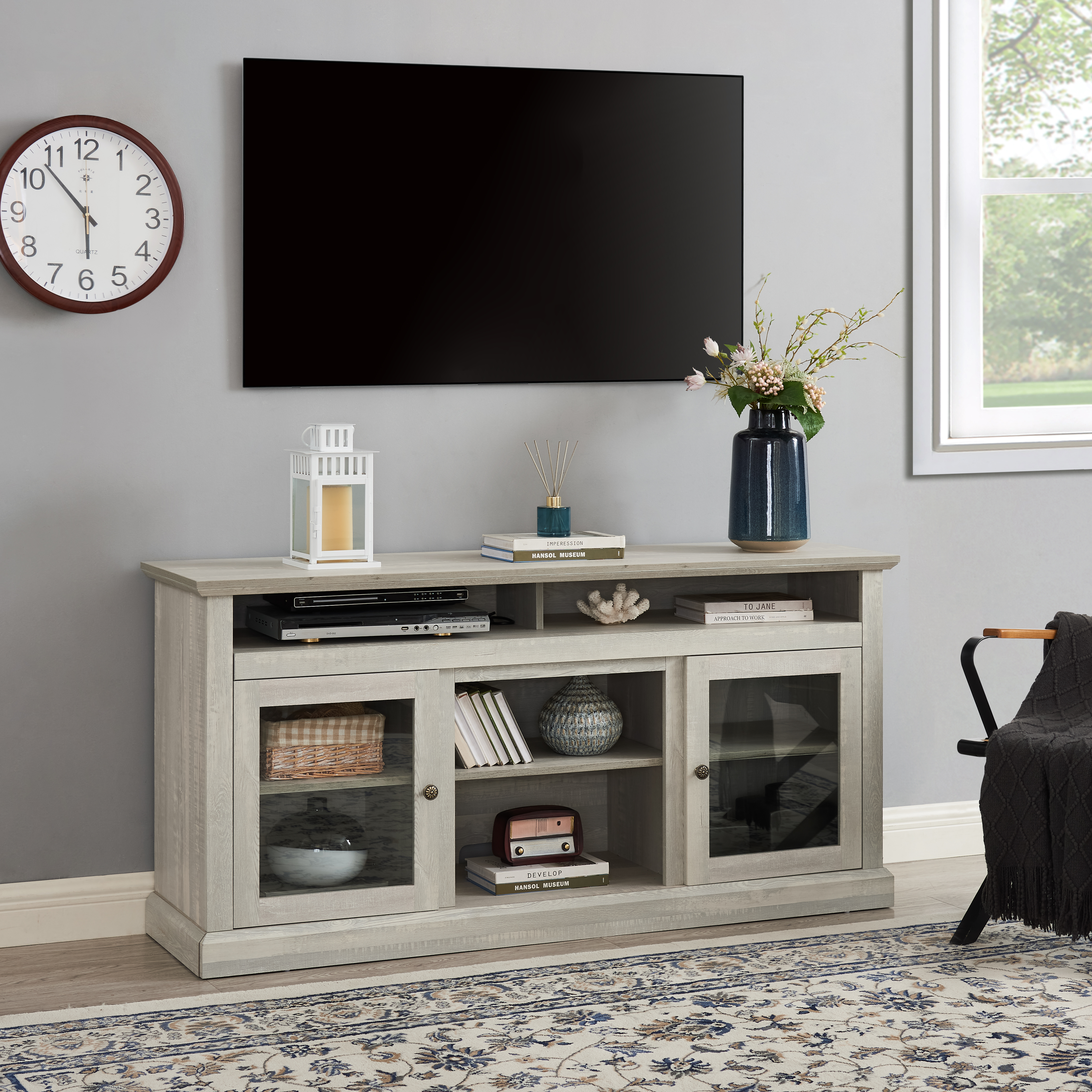 Contemporary TV Media Stand Modern Entertainment Console For TV Up To 65  With Open And Closed Storage Space, Stone Gray, 60 Wx15.75 Dx29 H