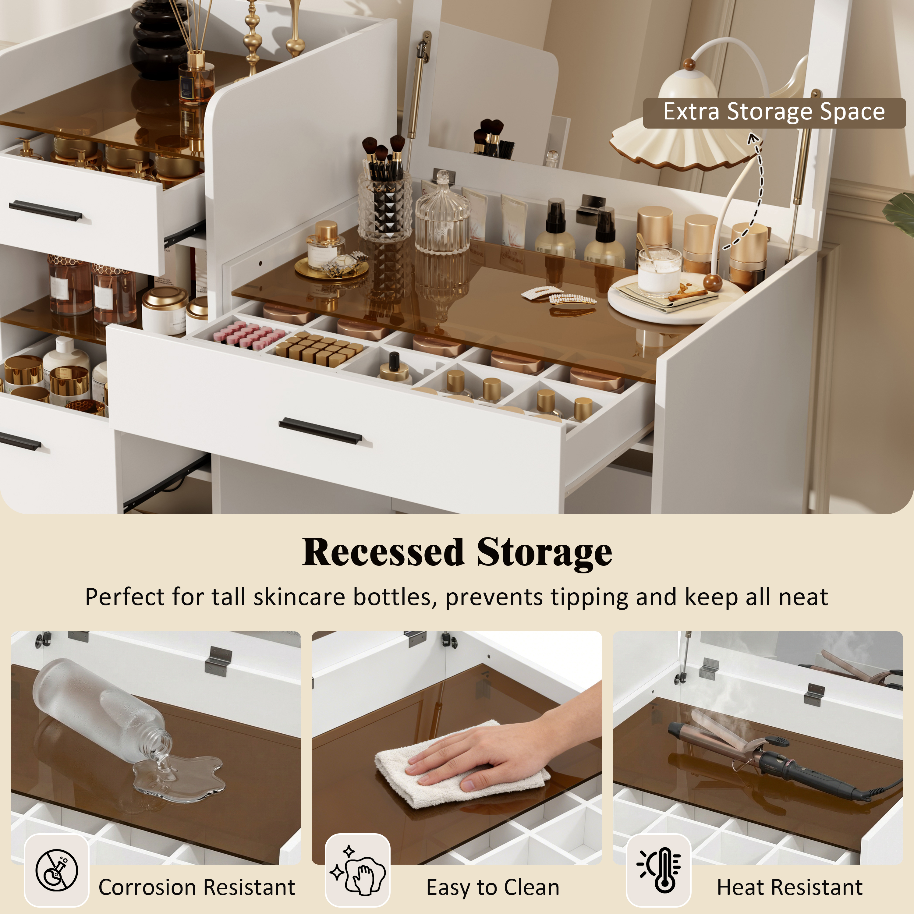 3-in-1 Vanity Desk With Flip Top Mirror, Glass Top Compact Makeup Vanity & Hidden Storage, Vanity Table With 3 Drawers And Cabinet, Space-Saving Dressing Tablefor Bedroom, White