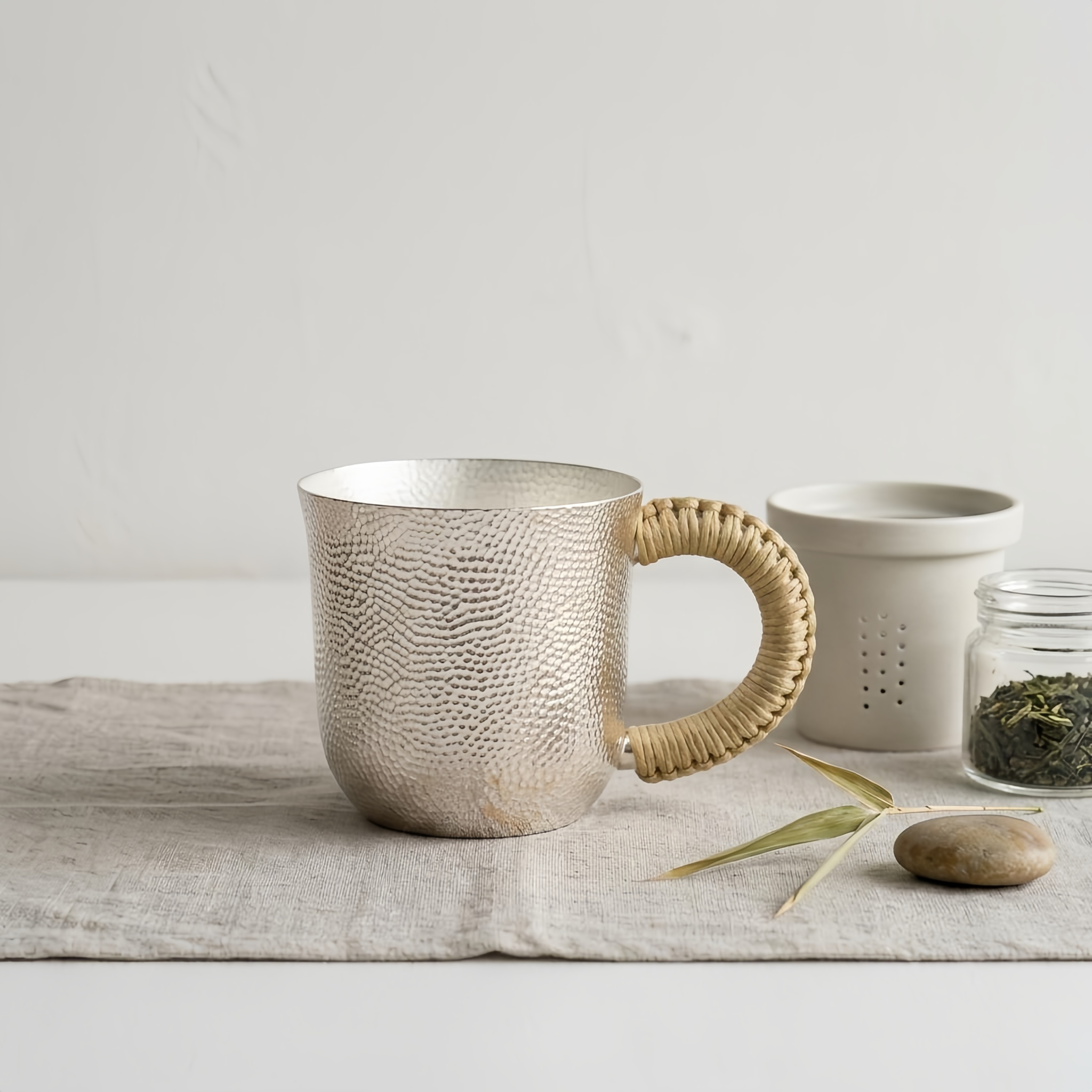 Pure 999 Fine Silver Handcrafted Hammered Silver Mug with Natural Wicker Wrapped Handle - Handicraft