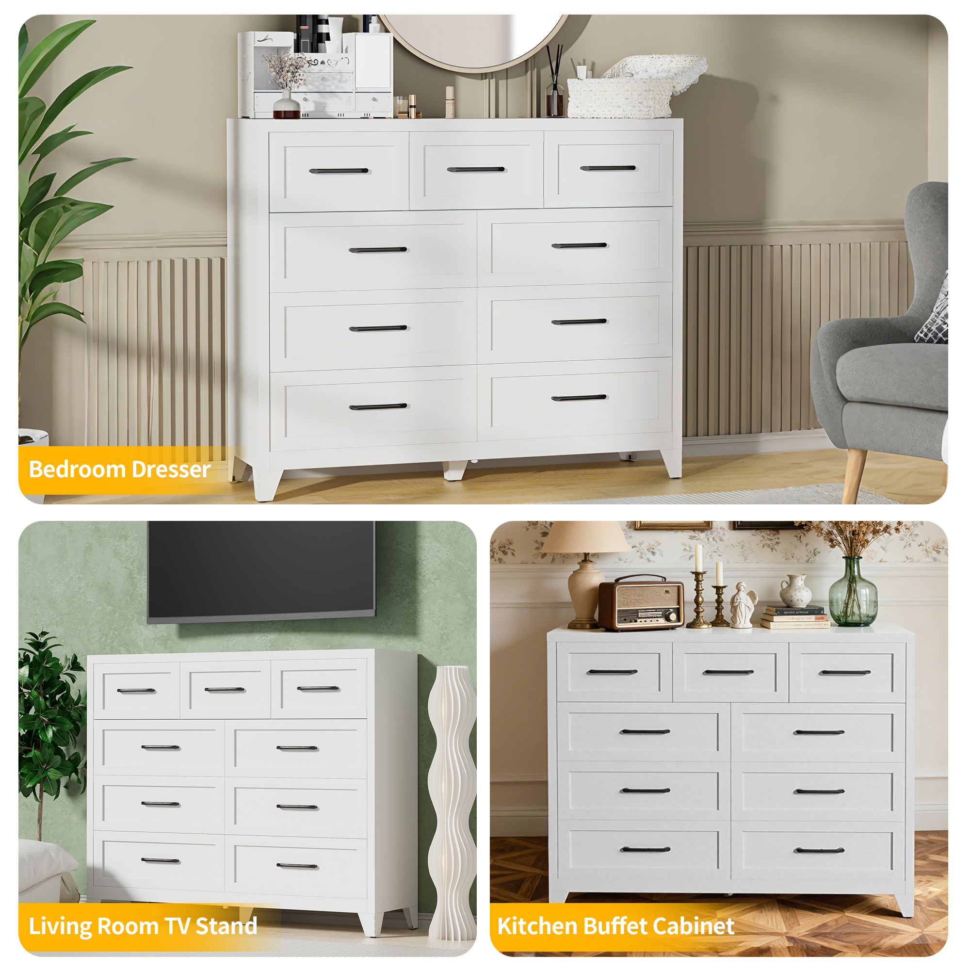 9-Drawer Tall Dresser, White Metal Storage Cabinet With Smooth Gliding Drawers, Space-Saving Chest Of Drawers For Bedroom, Living Room, Entryway, Strong 5-Foot Design & Modern Handles